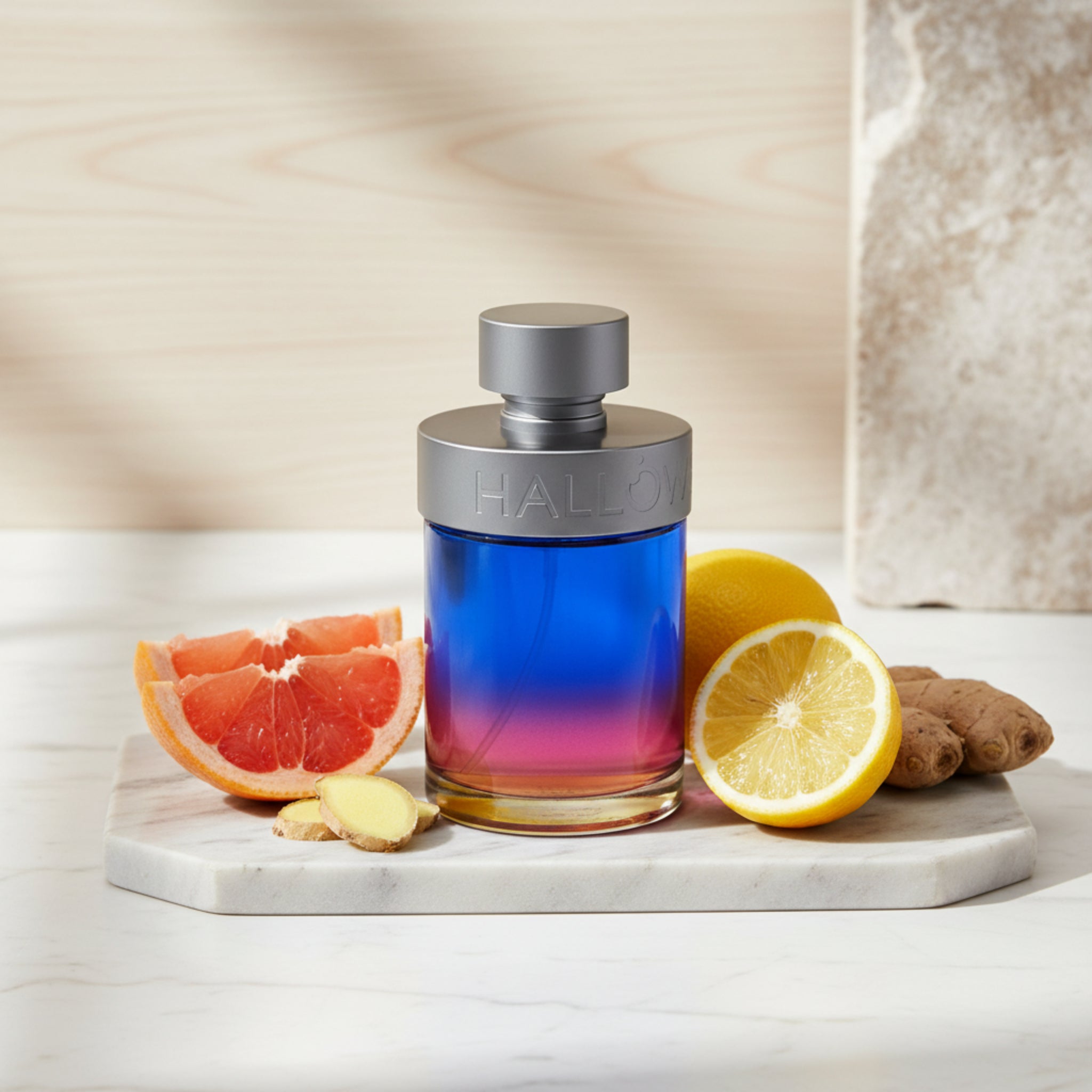 Perfume bottle with colorful design and gray cap on a white background