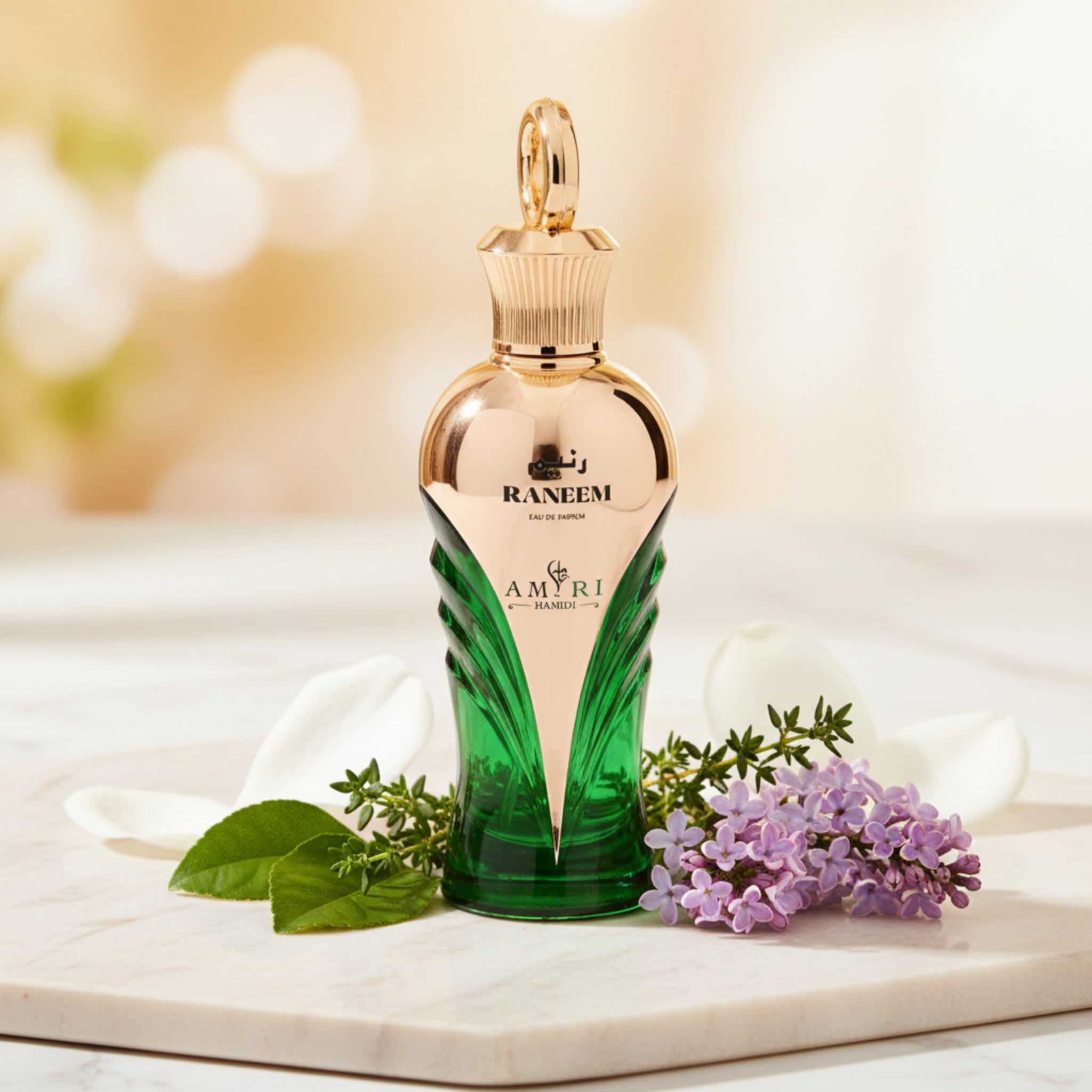 Perfume bottle with gold cap and green body on a white background