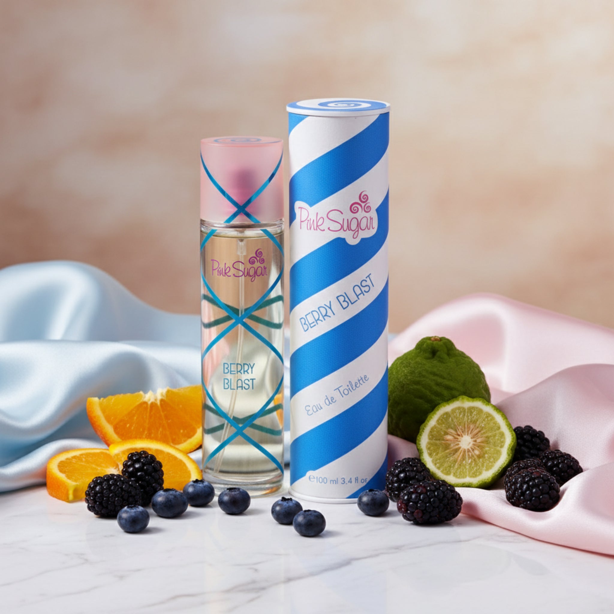 Pink Sugar Berry Blast perfume bottle and packaging on a white background