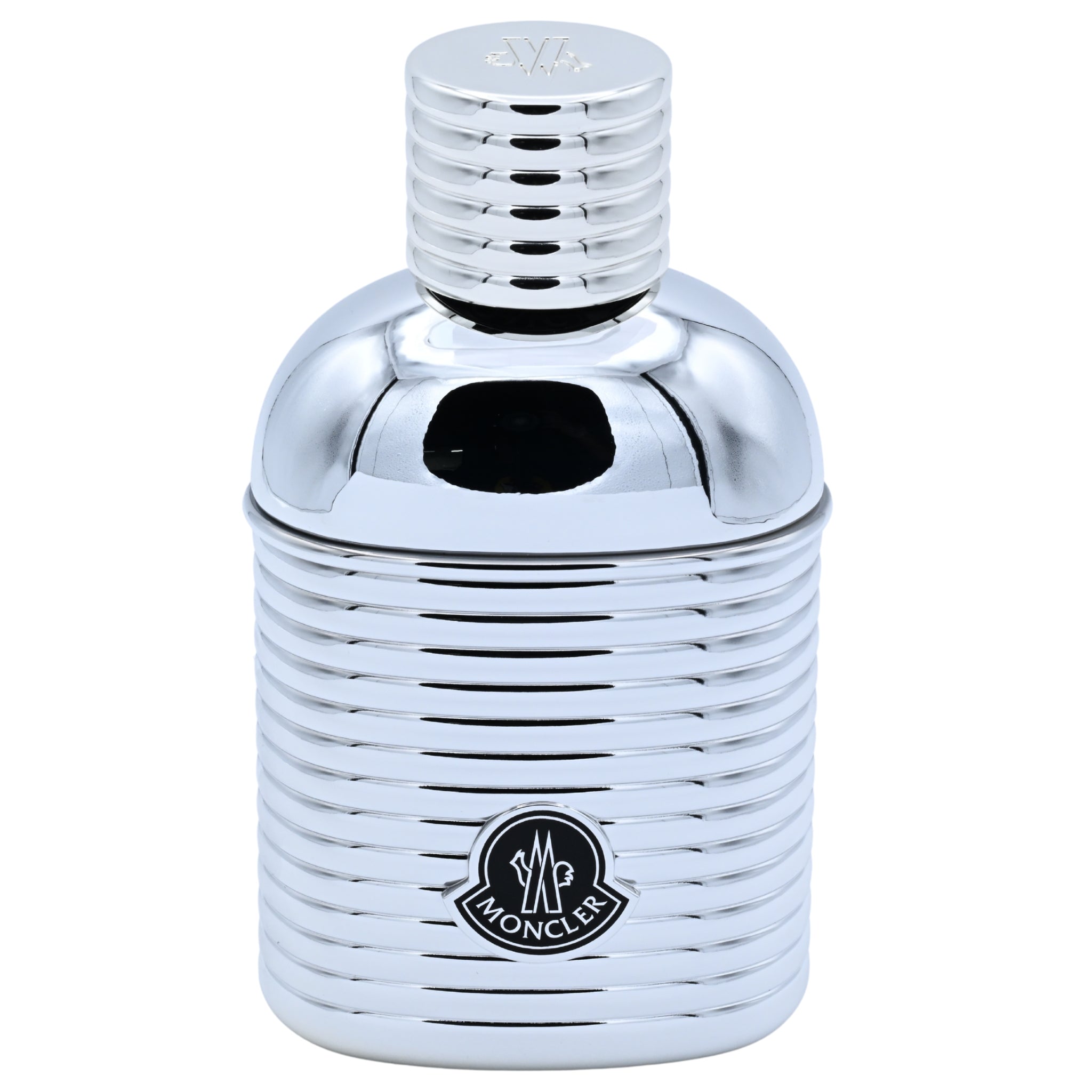 Silver perfume bottle with a visible brand logo on a white background