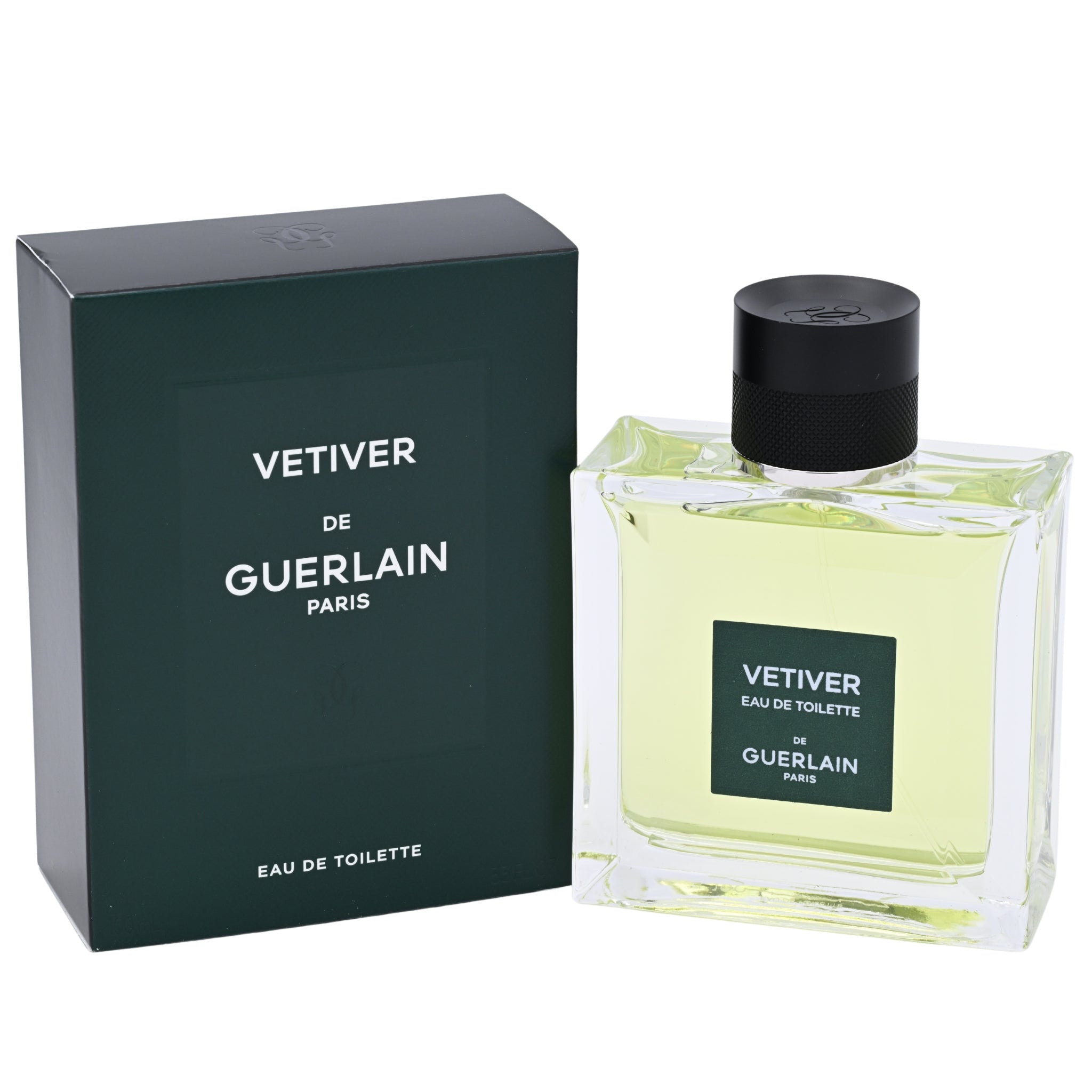 Guerlain Vetiver Eau de Toilette bottle and packaging on a white background