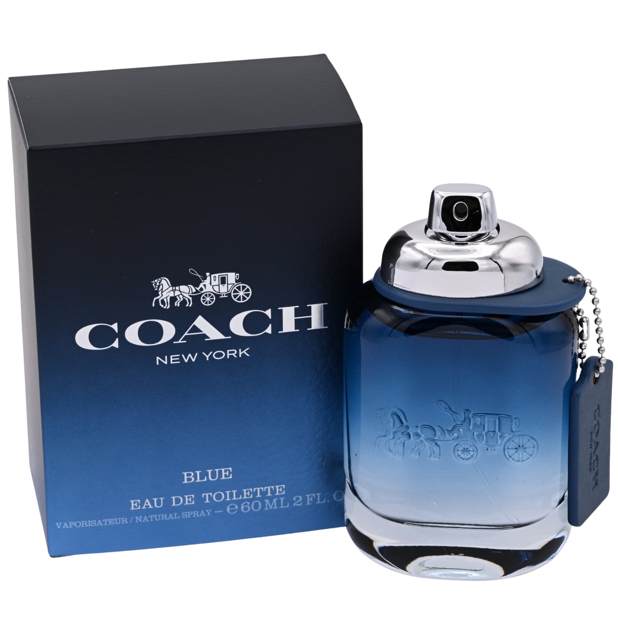 Coach New York Blue Eau de Toilette bottle and packaging on a white background