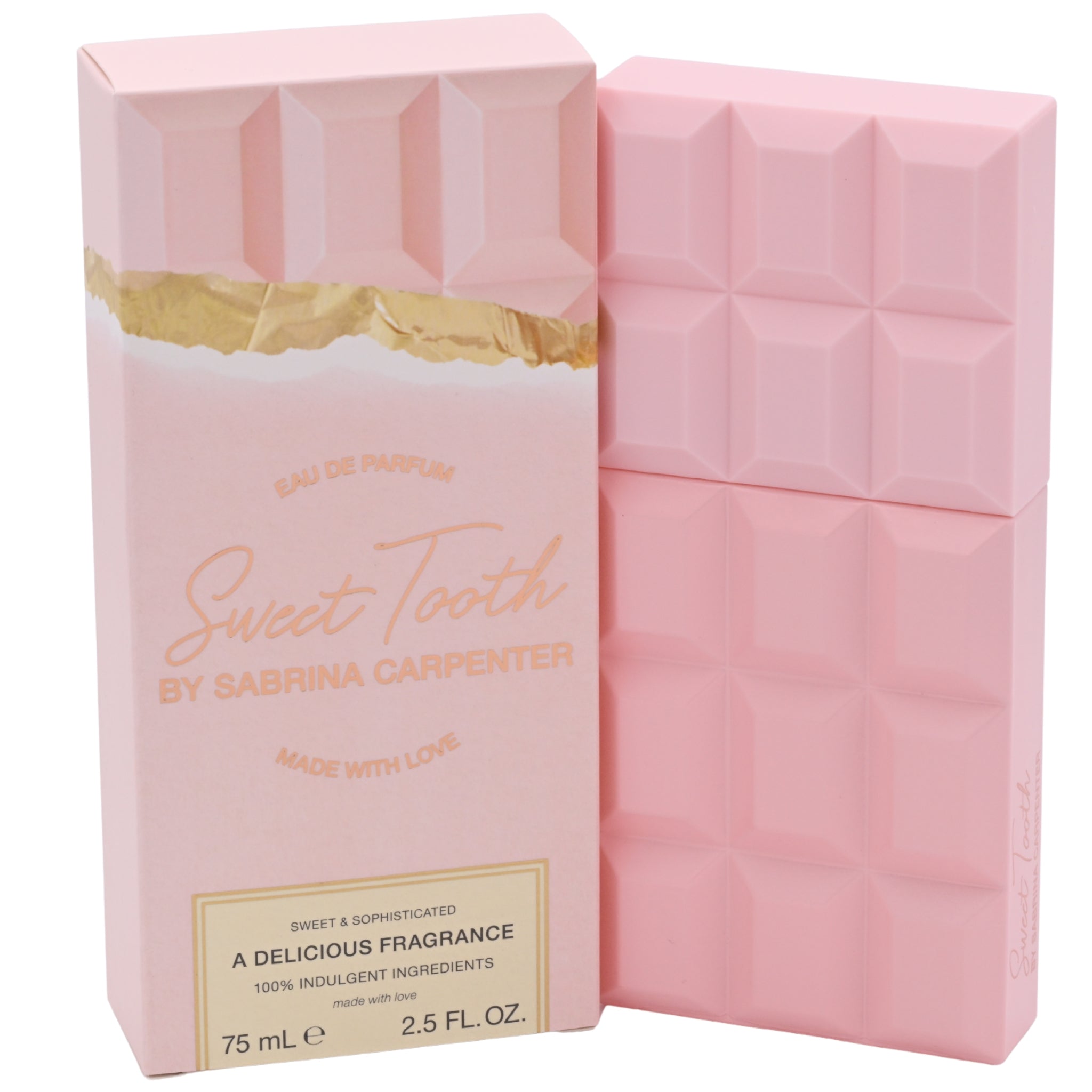 Pink perfume bottle and packaging with 'Sweet Tooth by Sabrina Carpenter' text on a white background
