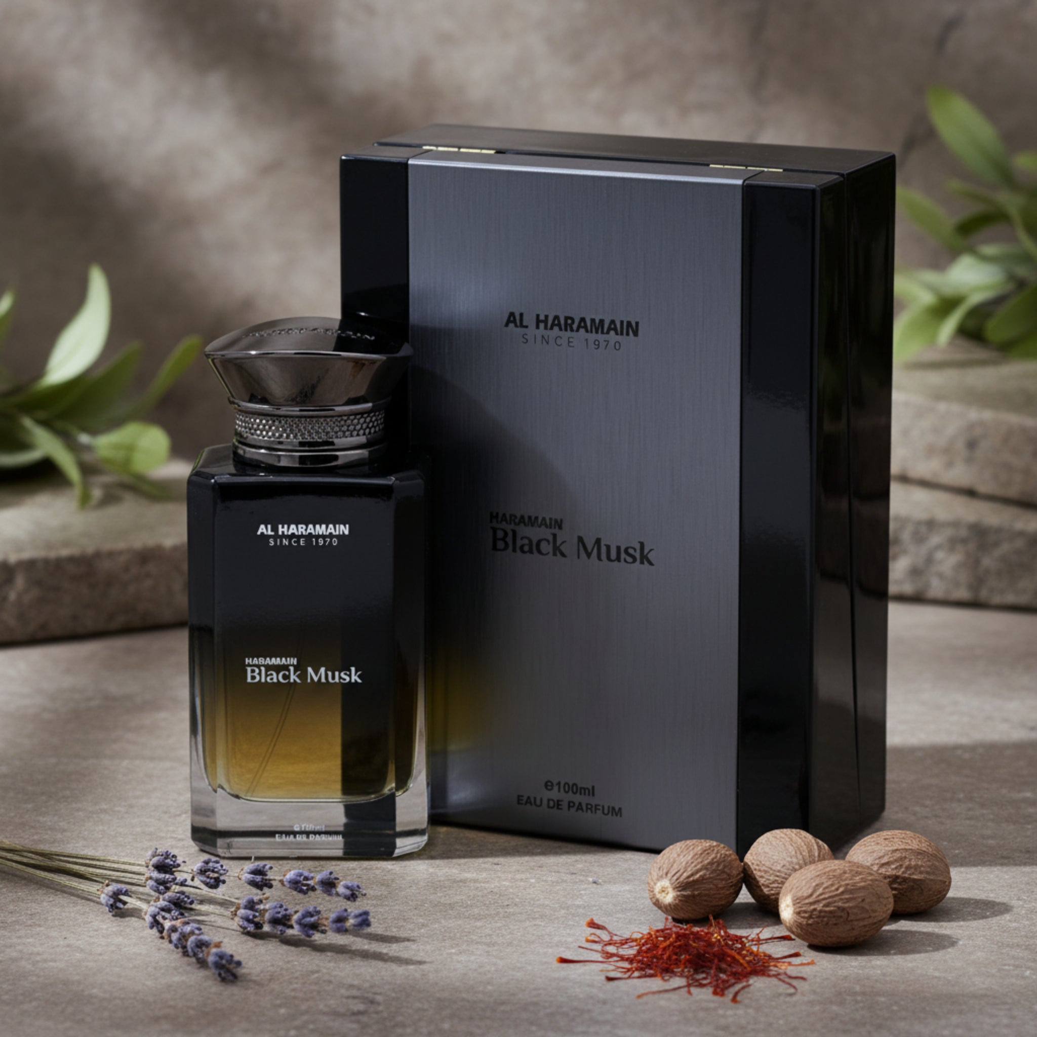 Al Haramain Black Musk perfume bottle and packaging on a white background