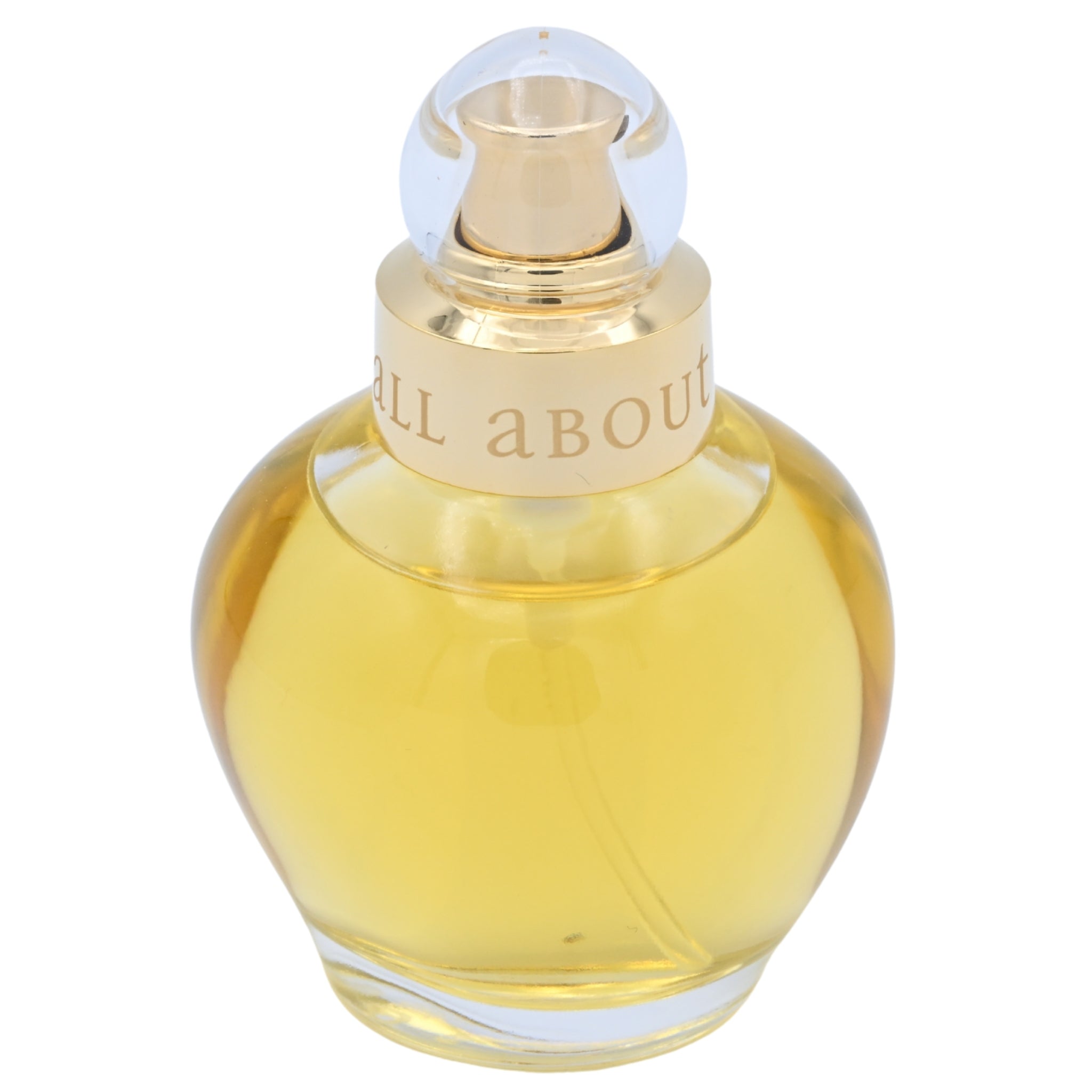 Perfume bottle with gold cap and clear label on a white background