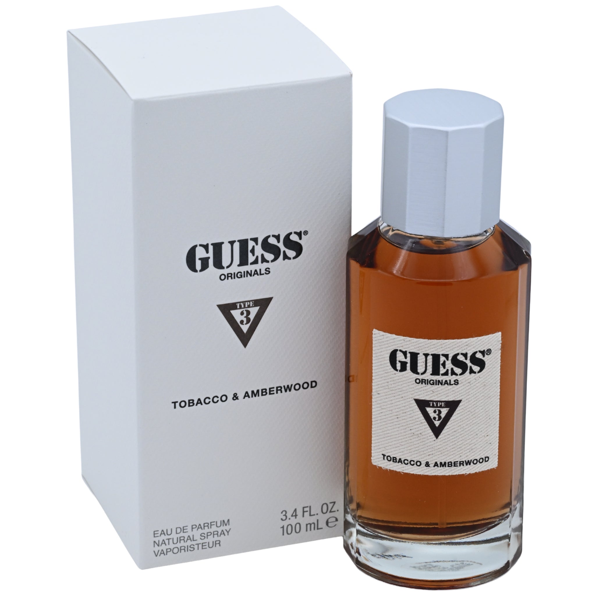 Guess Tobacco & Amberwood perfume bottle and packaging on a white background