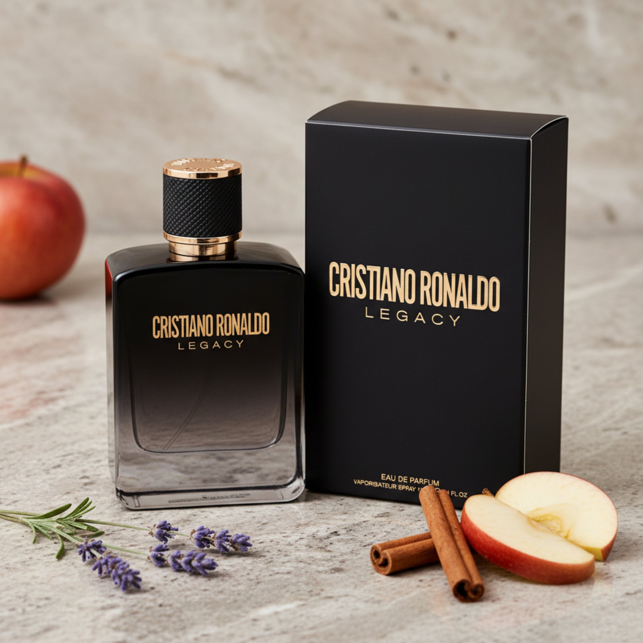 Cristiano Ronaldo Legacy perfume bottle and packaging on a white background