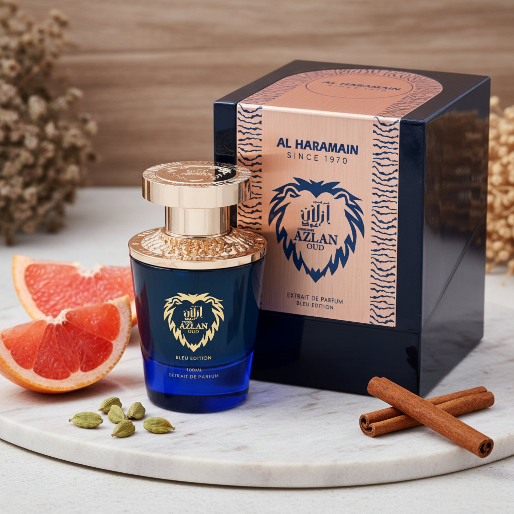 Al Haramain Azlan Oud perfume bottle and packaging on a white background