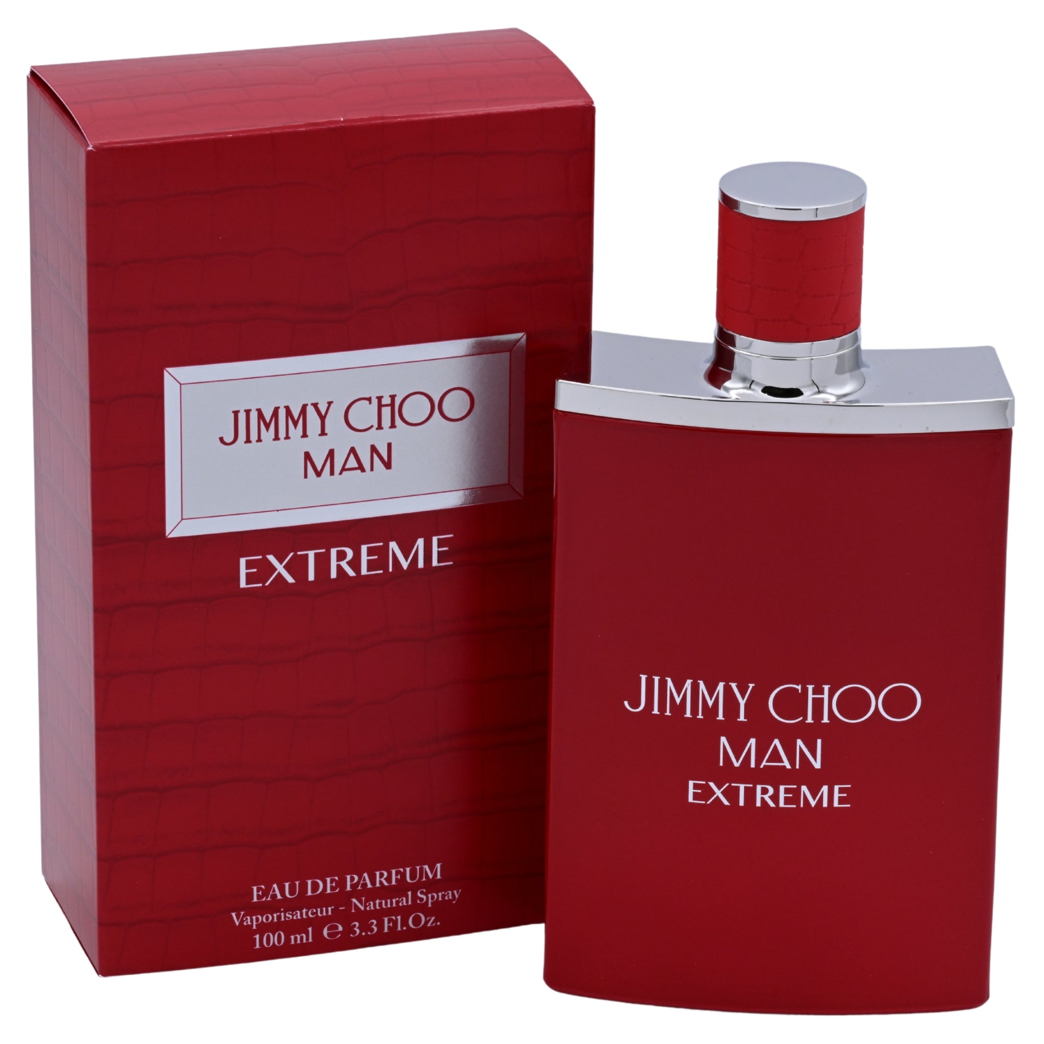 Red Jimmy Choo Man Extreme perfume bottle and packaging on a white background
