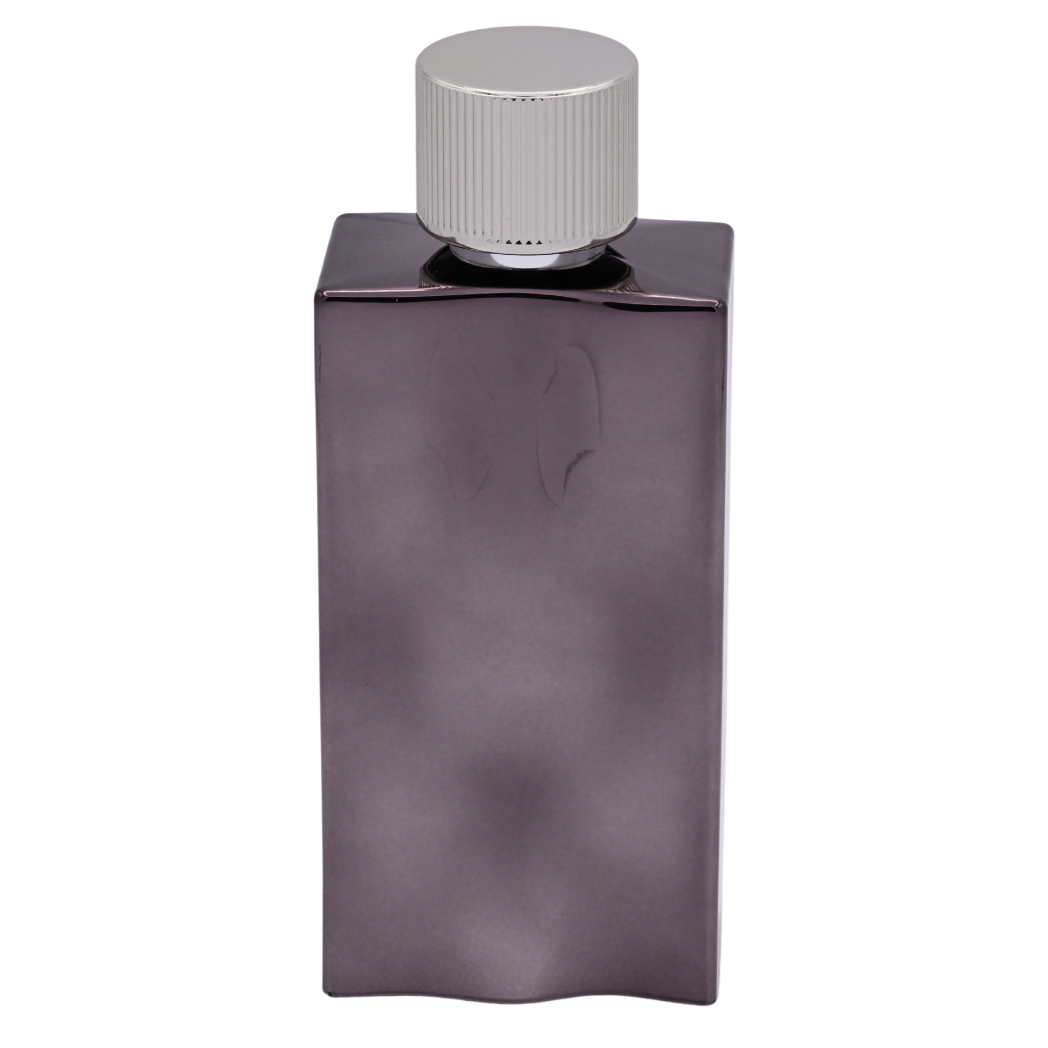 Purple perfume bottle with silver cap on a white background
