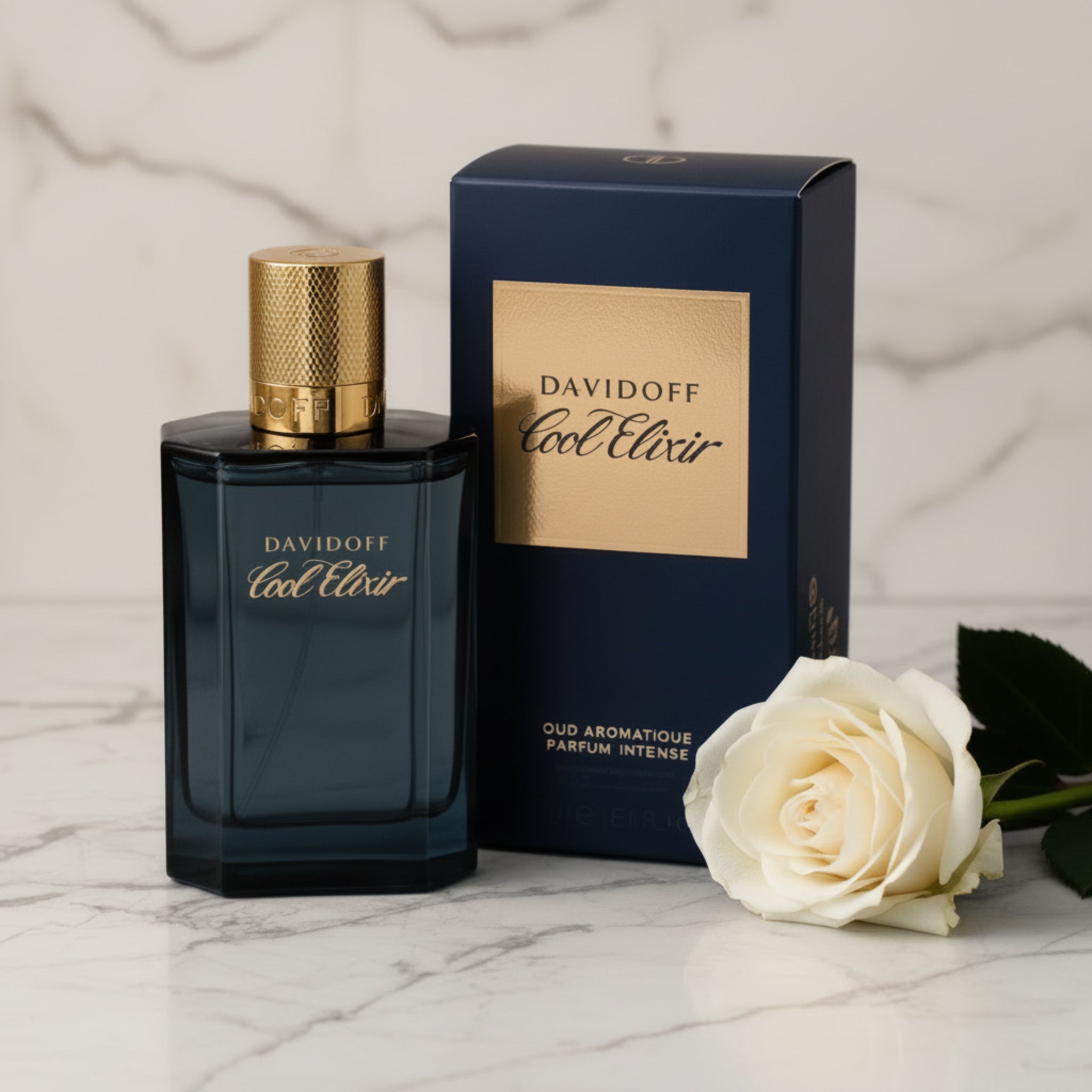 Davidoff Cool Elixir perfume bottle and packaging on a white background