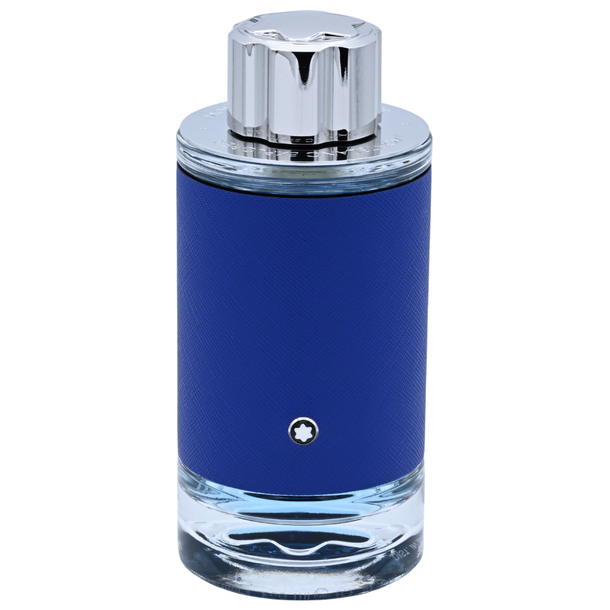 Blue perfume bottle with silver cap on a white background