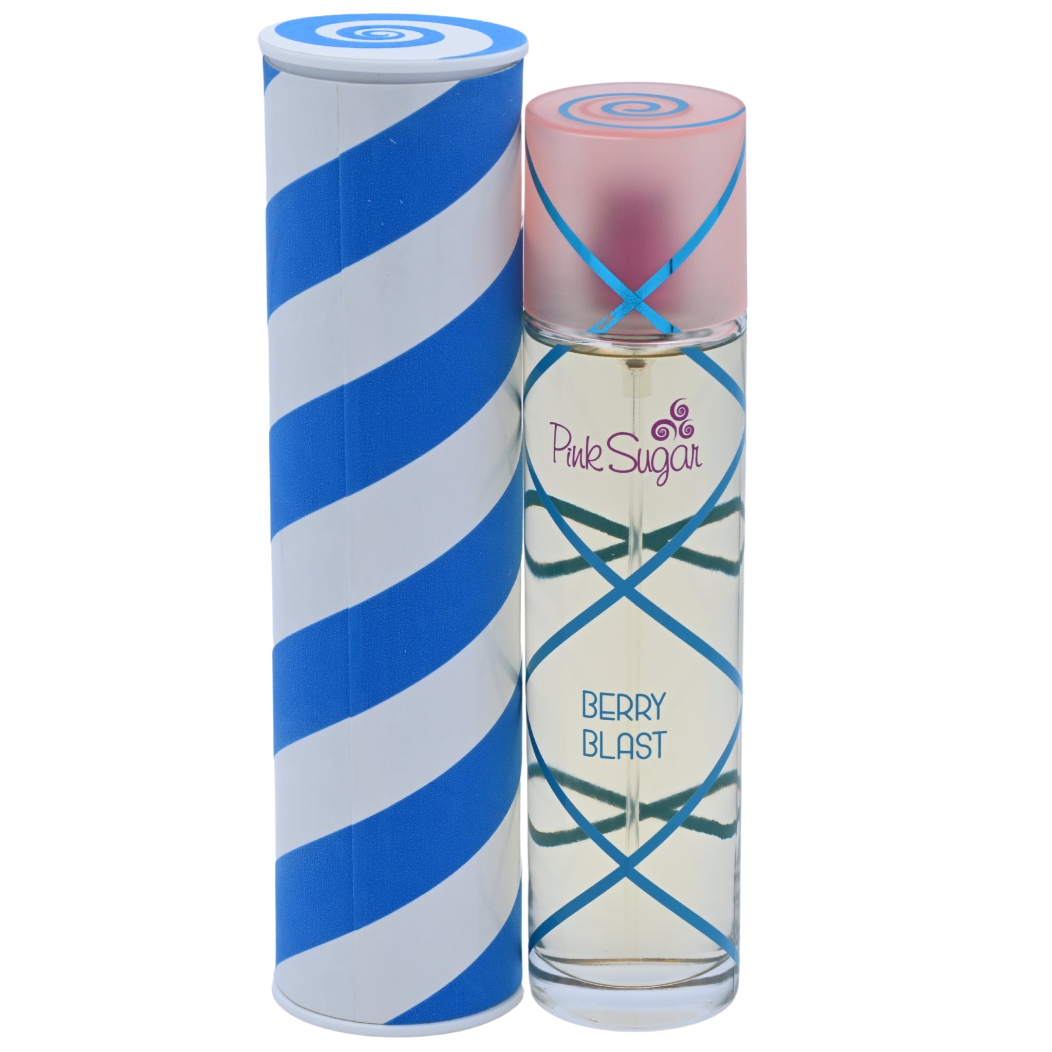 Perfume bottle and packaging with 'Pink Sugar' branding on a white background