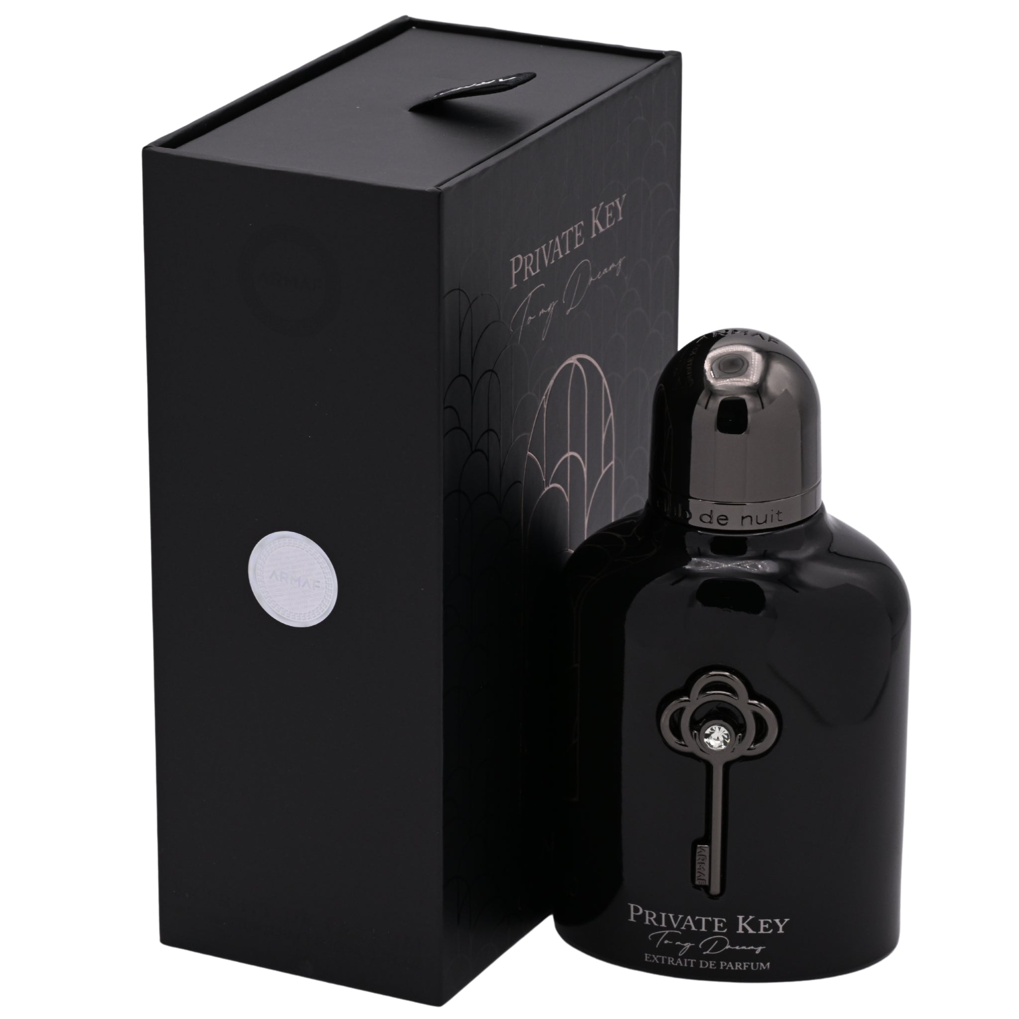Black perfume bottle and packaging with 'Private Key' branding on a white background