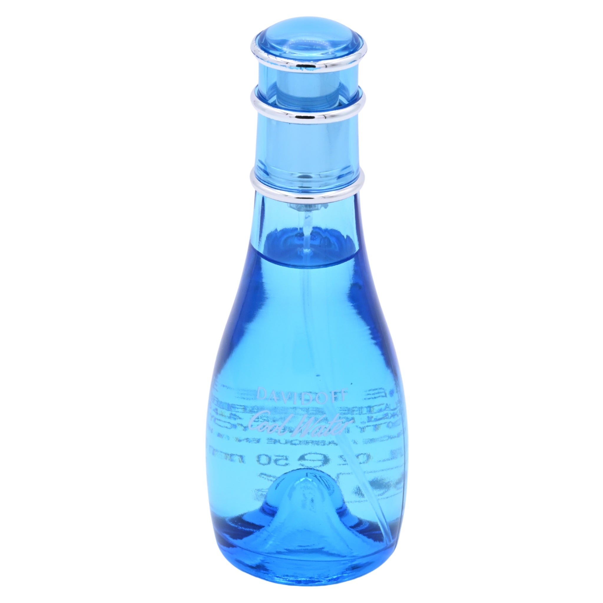 Blue perfume bottle with silver cap on a white background