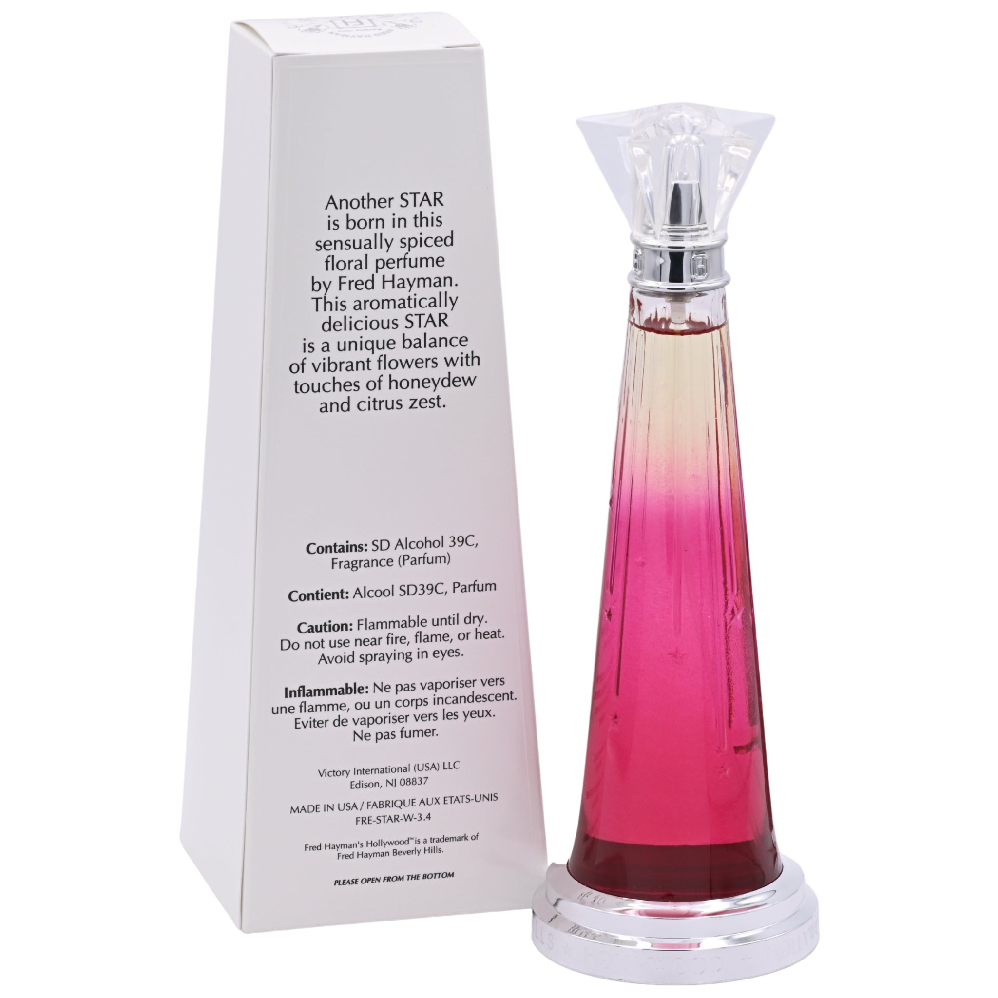 Perfume bottle with pink gradient and packaging on a white background