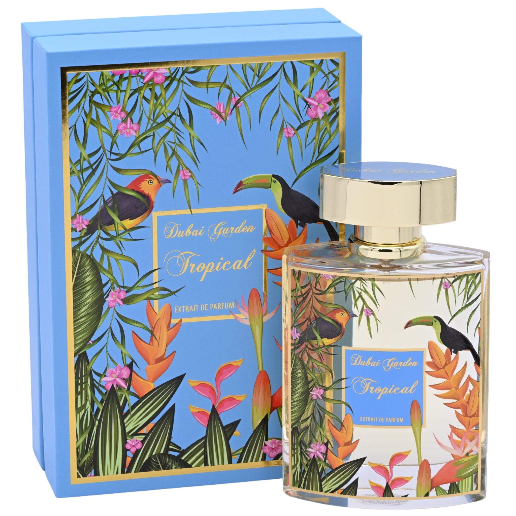 Perfume bottle and packaging with tropical design featuring birds and flowers.