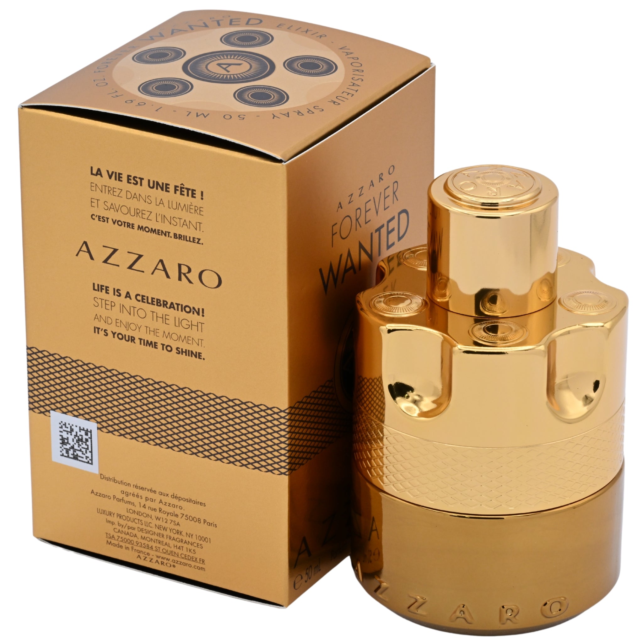 Gold Azzaro perfume bottle and packaging on a white background