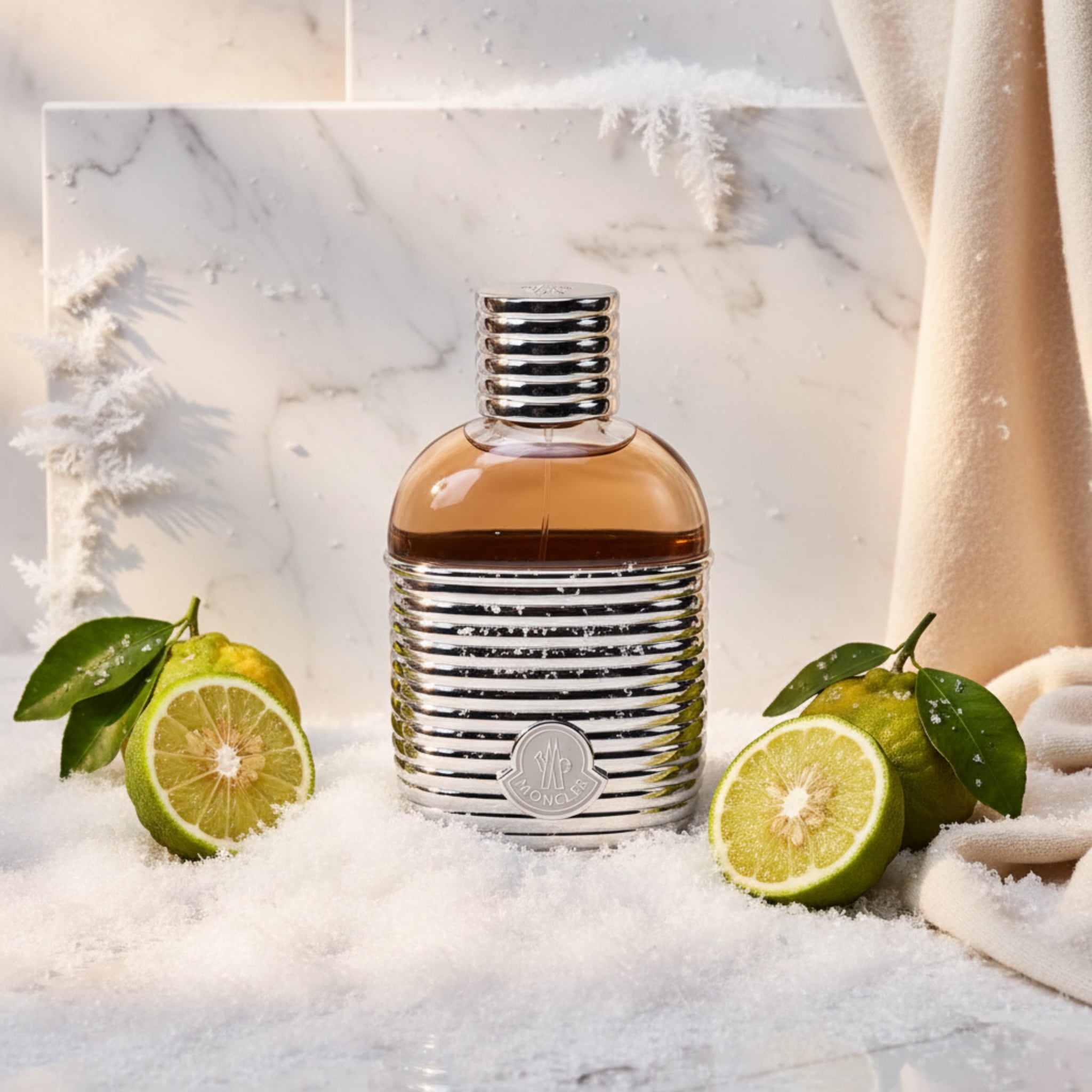 Moncler perfume bottle with silver cap on a white background