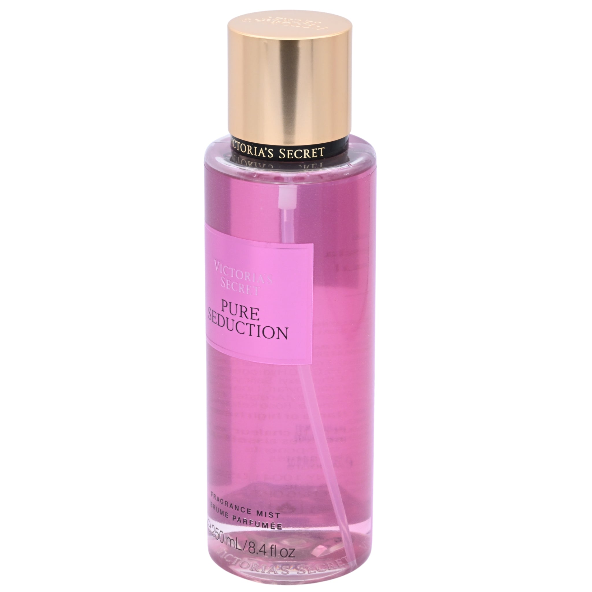 Victoria's Secret Pure Seduction fragrance mist bottle on a white background