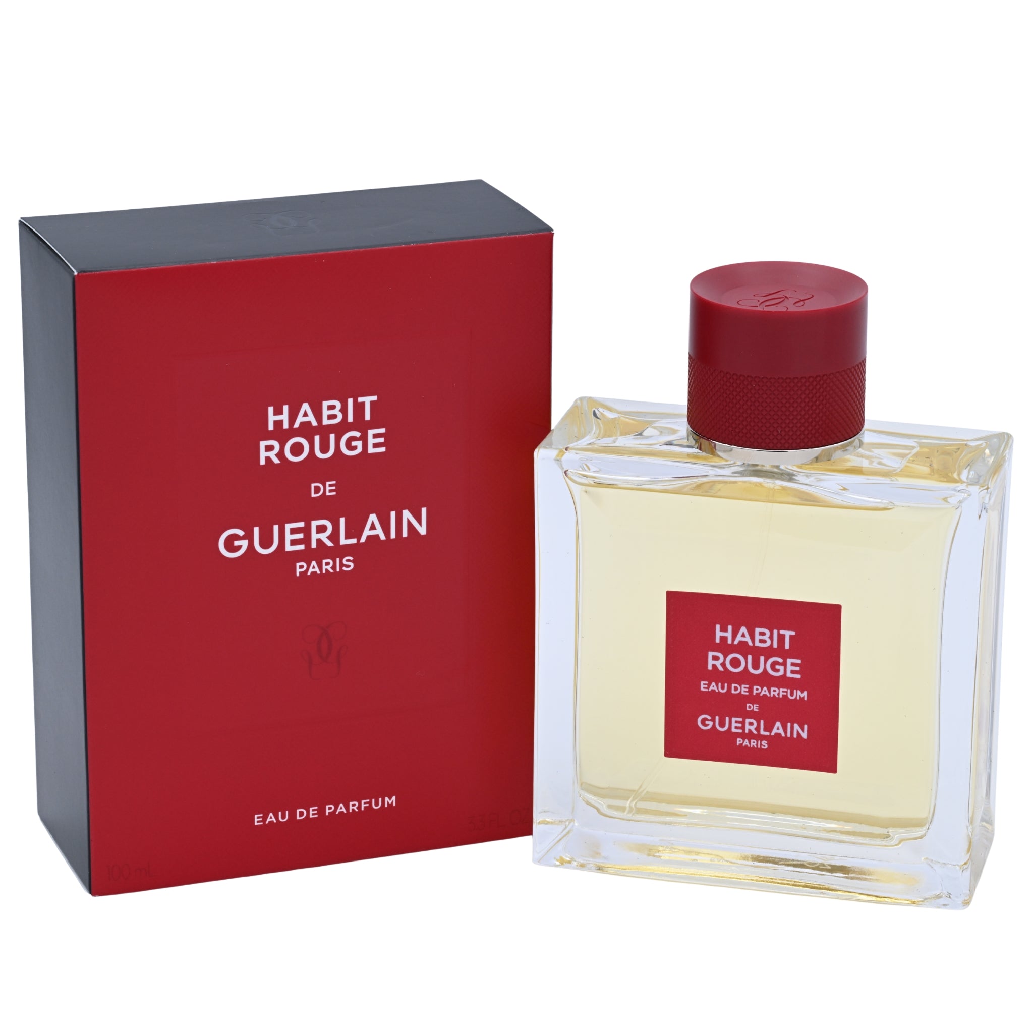Habit Rouge de Guerlain perfume bottle and packaging on a white background