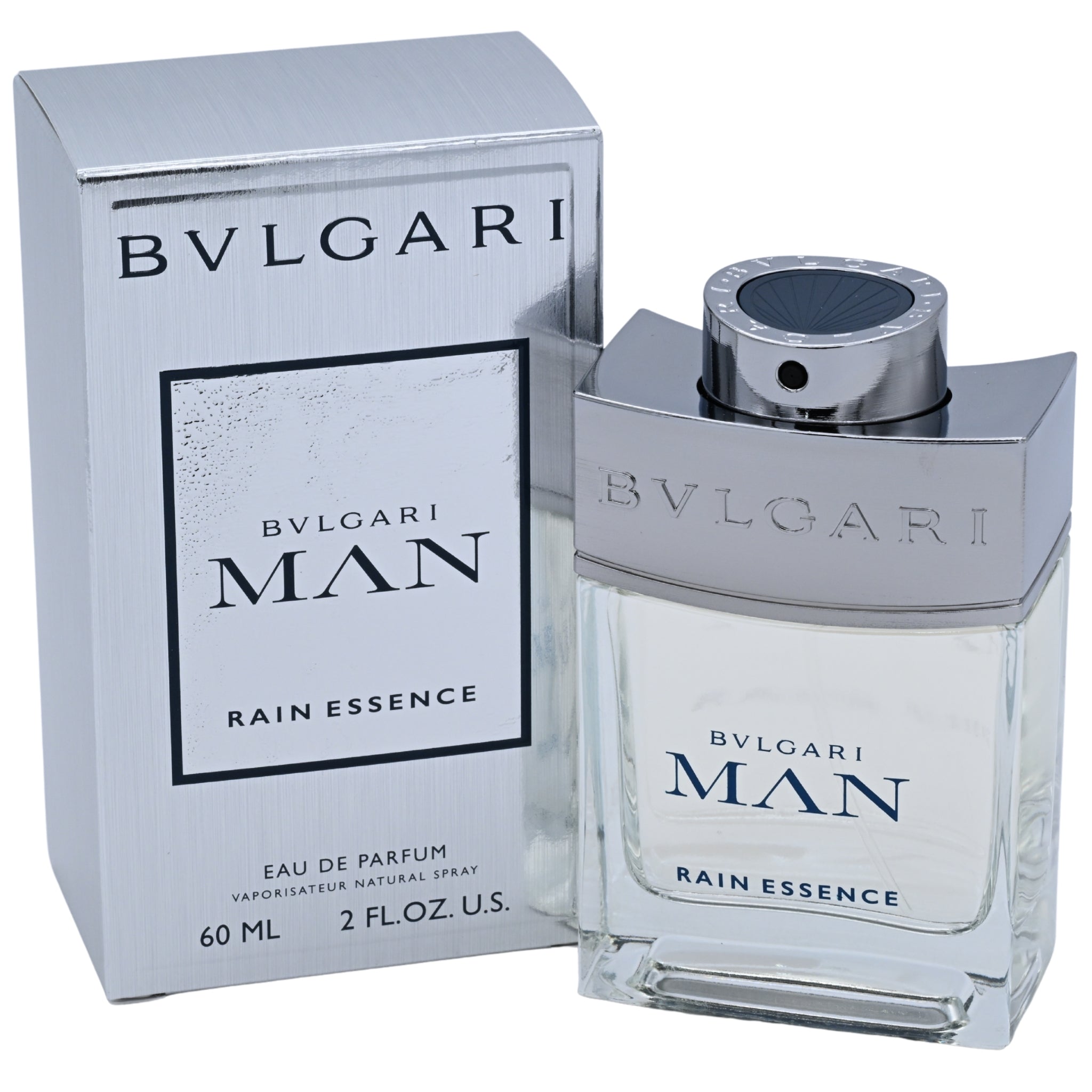 Bulgari Man Rain Essence Eau de Parfum bottle and packaging on a white background