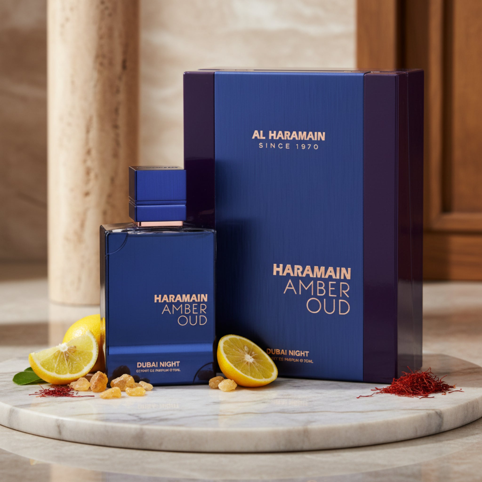 Haramain Amber Oud perfume bottle and packaging on a white background
