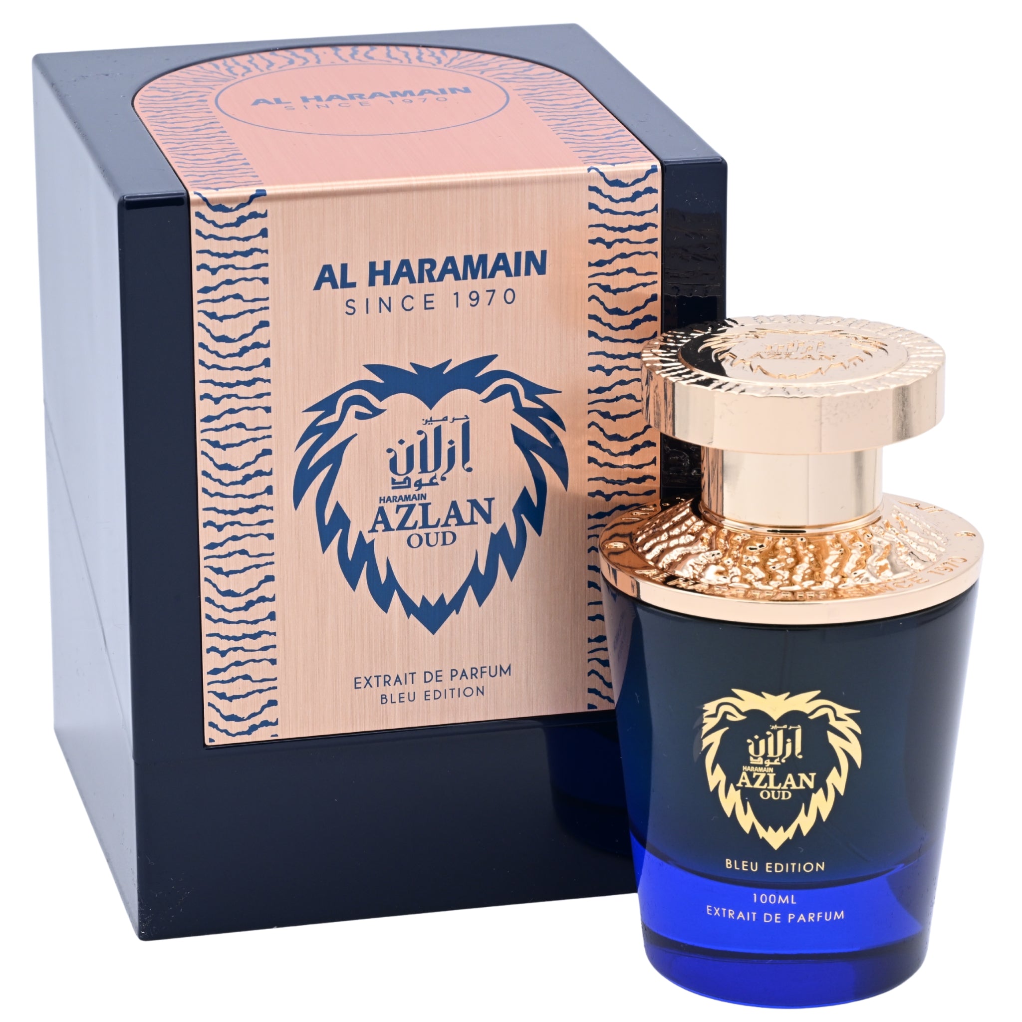 Al Haramain Azlan Oud perfume bottle and packaging on a white background