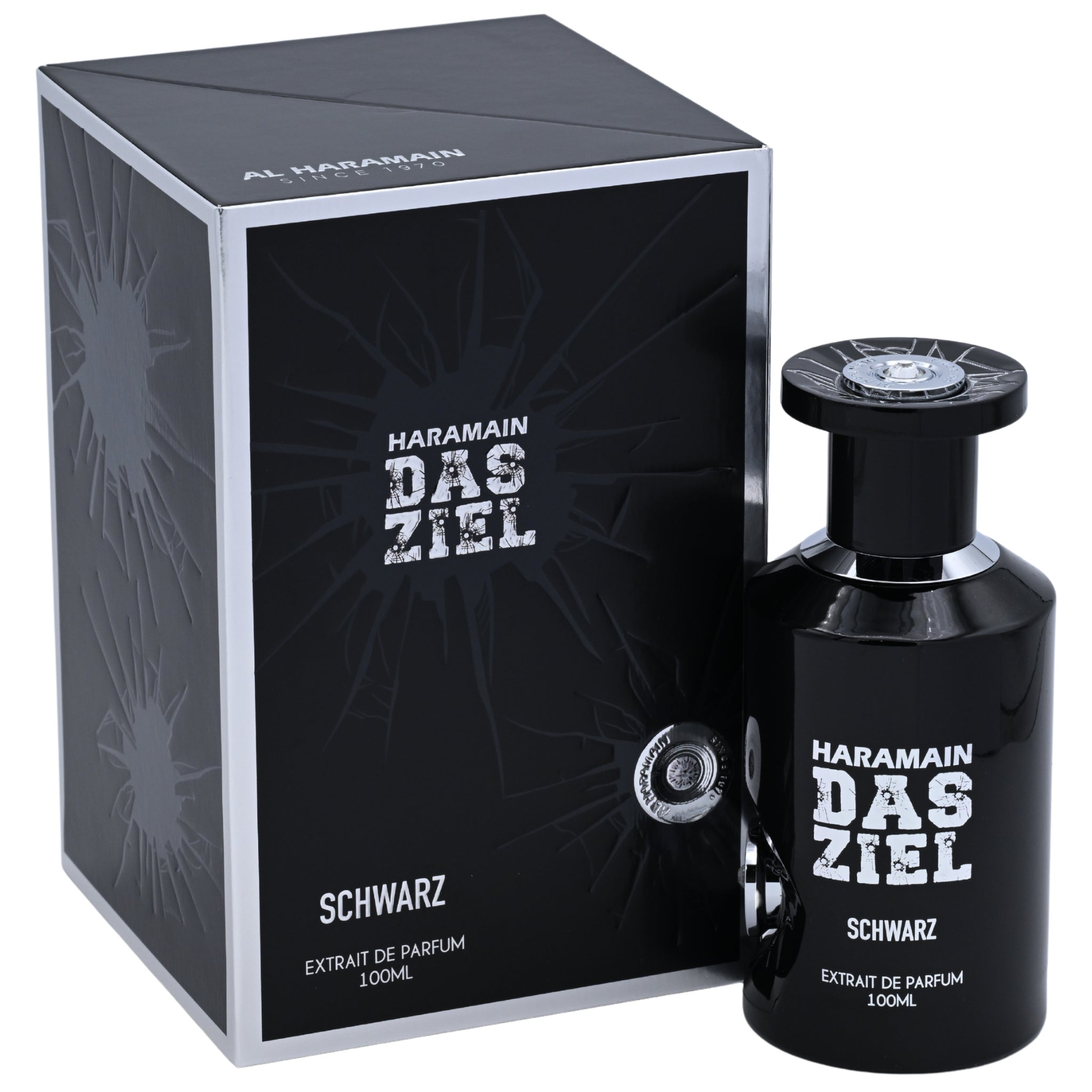 Haramain Das Ziel Schwarz perfume bottle and packaging on a white background