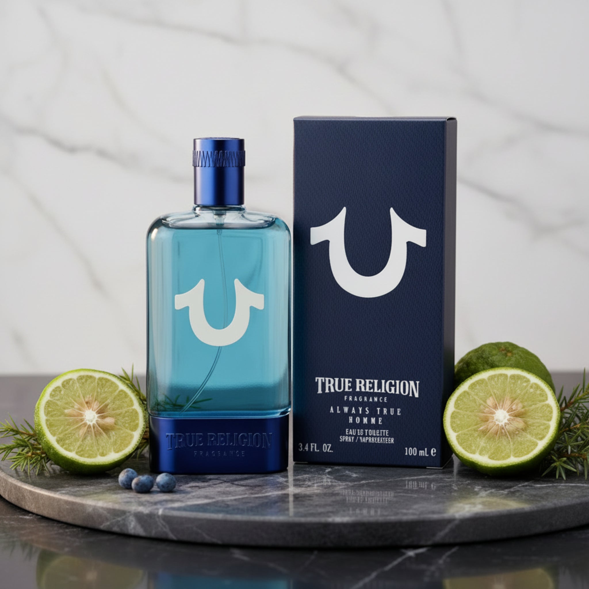 True Religion blue perfume bottle and packaging on a white background