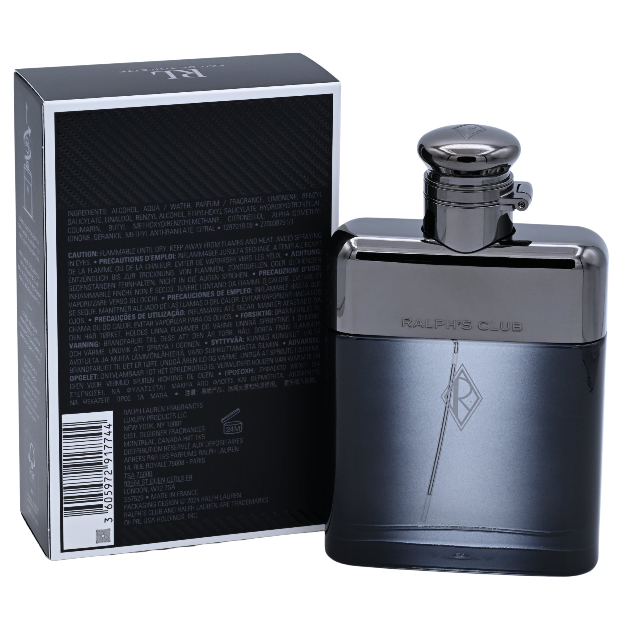 Black and silver perfume bottle with packaging on a white background