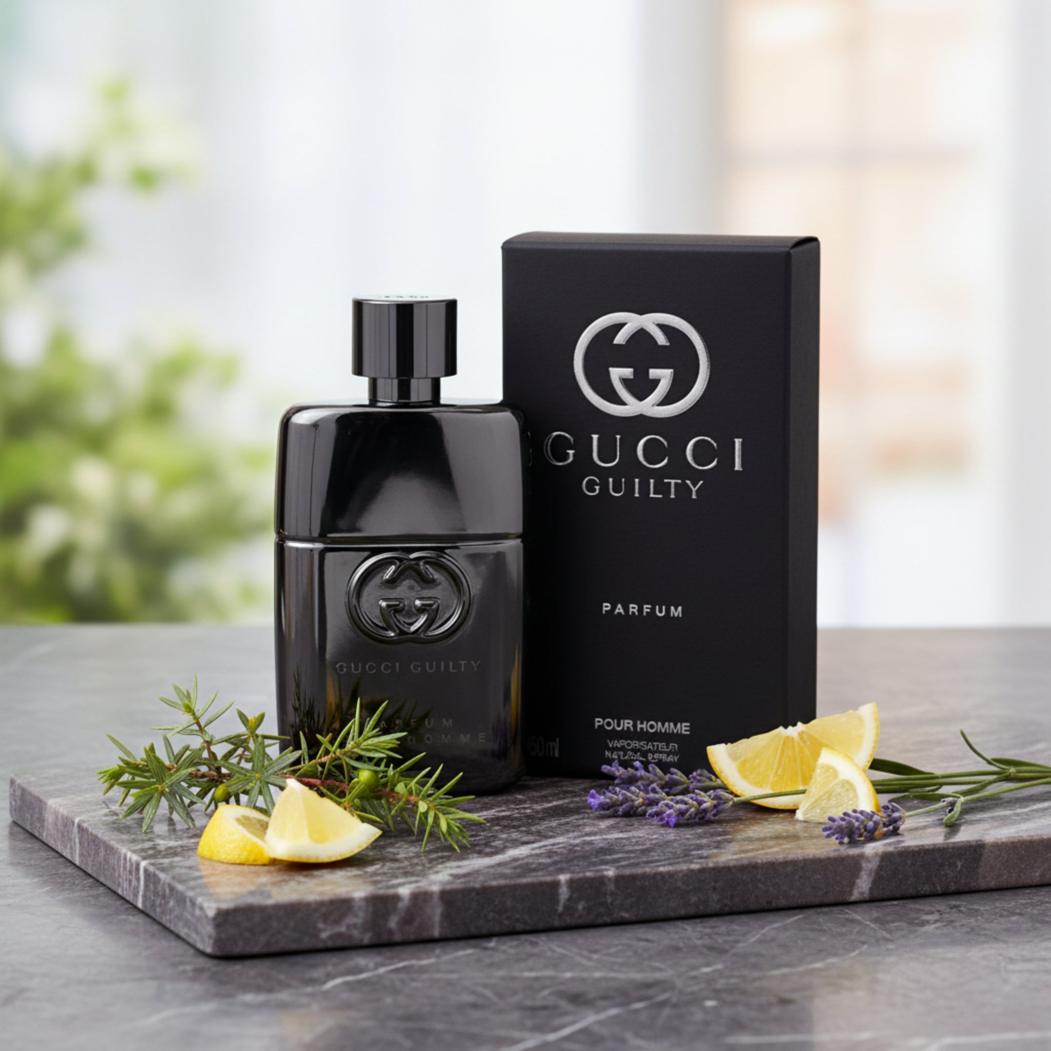Gucci Guilty Parfum bottle and packaging on a white background