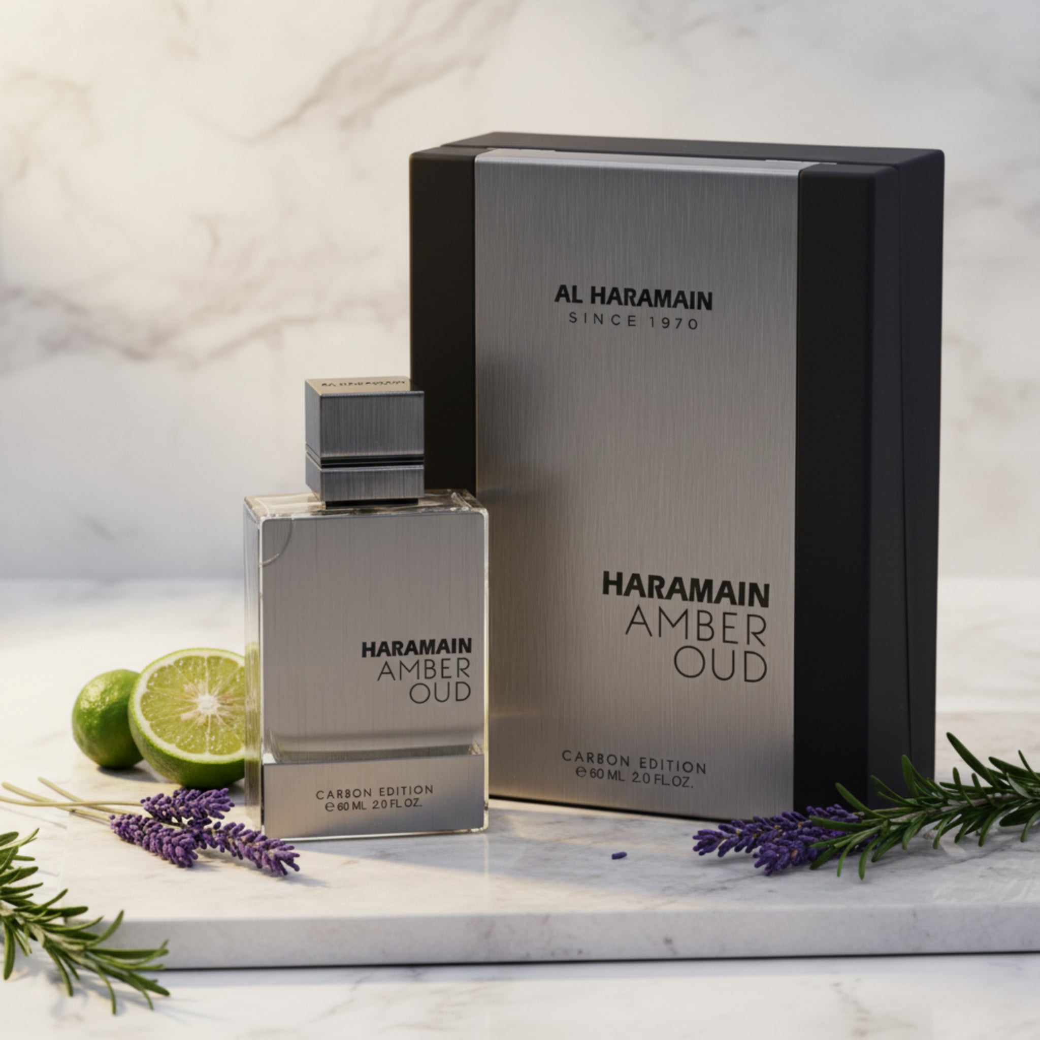 Haramain Amber Oud perfume bottle and packaging on a white background