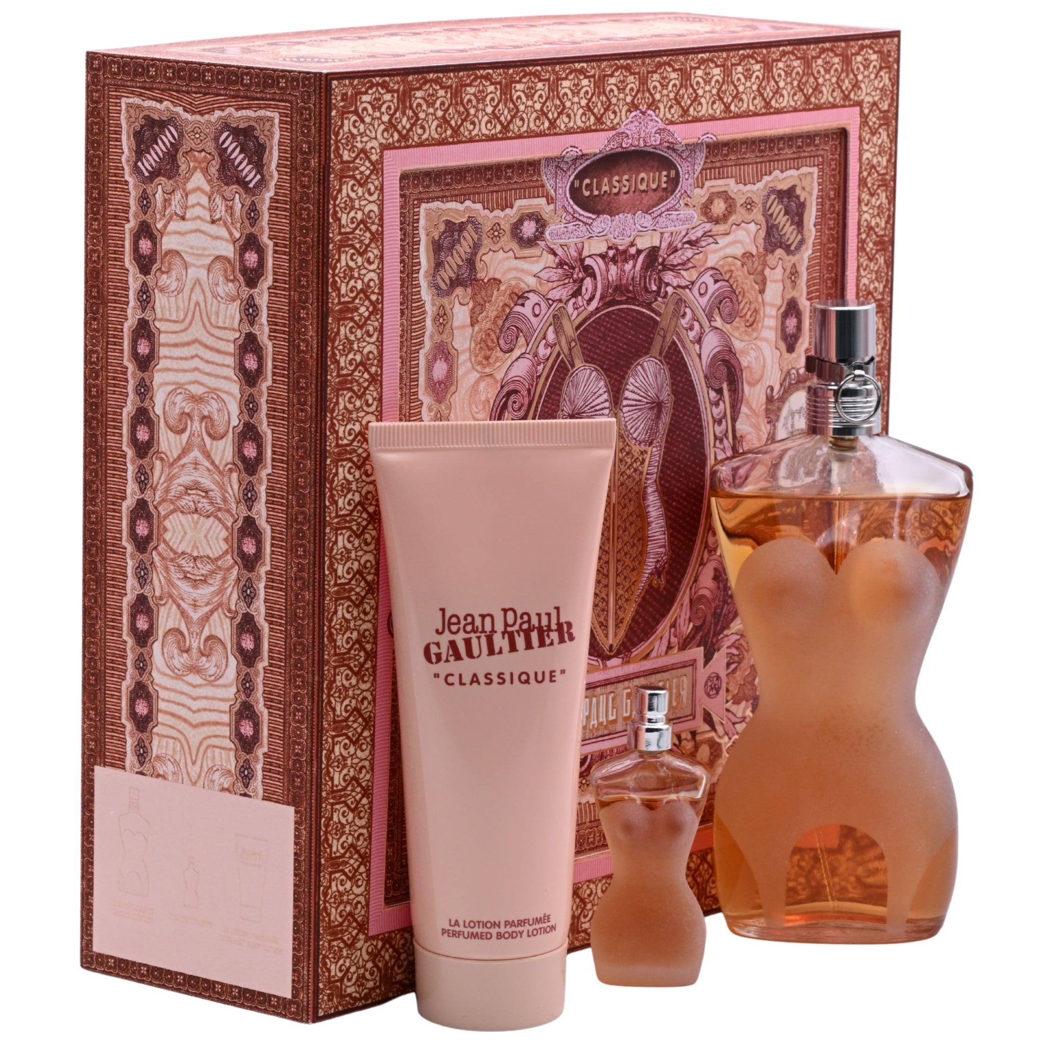 Jean Paul Gaultier Classique perfume set with box, bottle, and lotion on a white background
