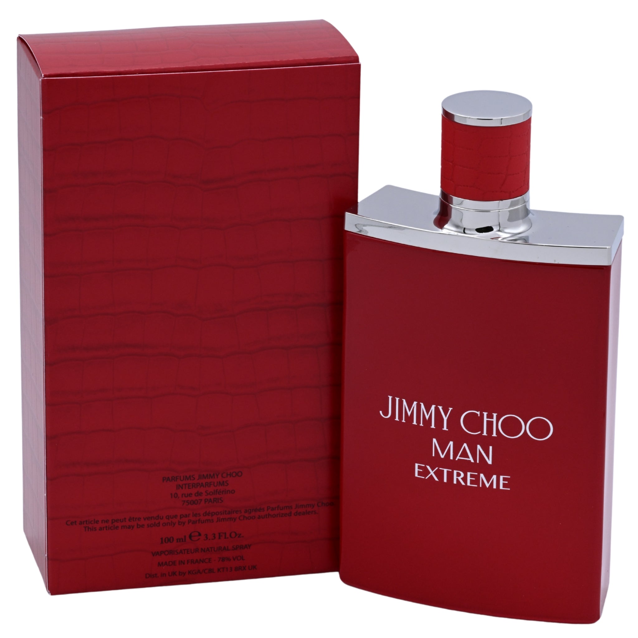 Red Jimmy Choo Man Extreme perfume bottle and packaging on a white background