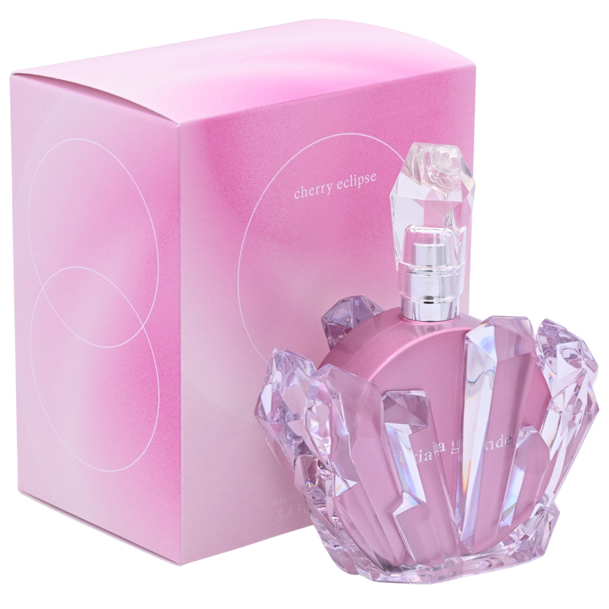 Pink perfume bottle and packaging with 'cherry eclipse' text on a white background