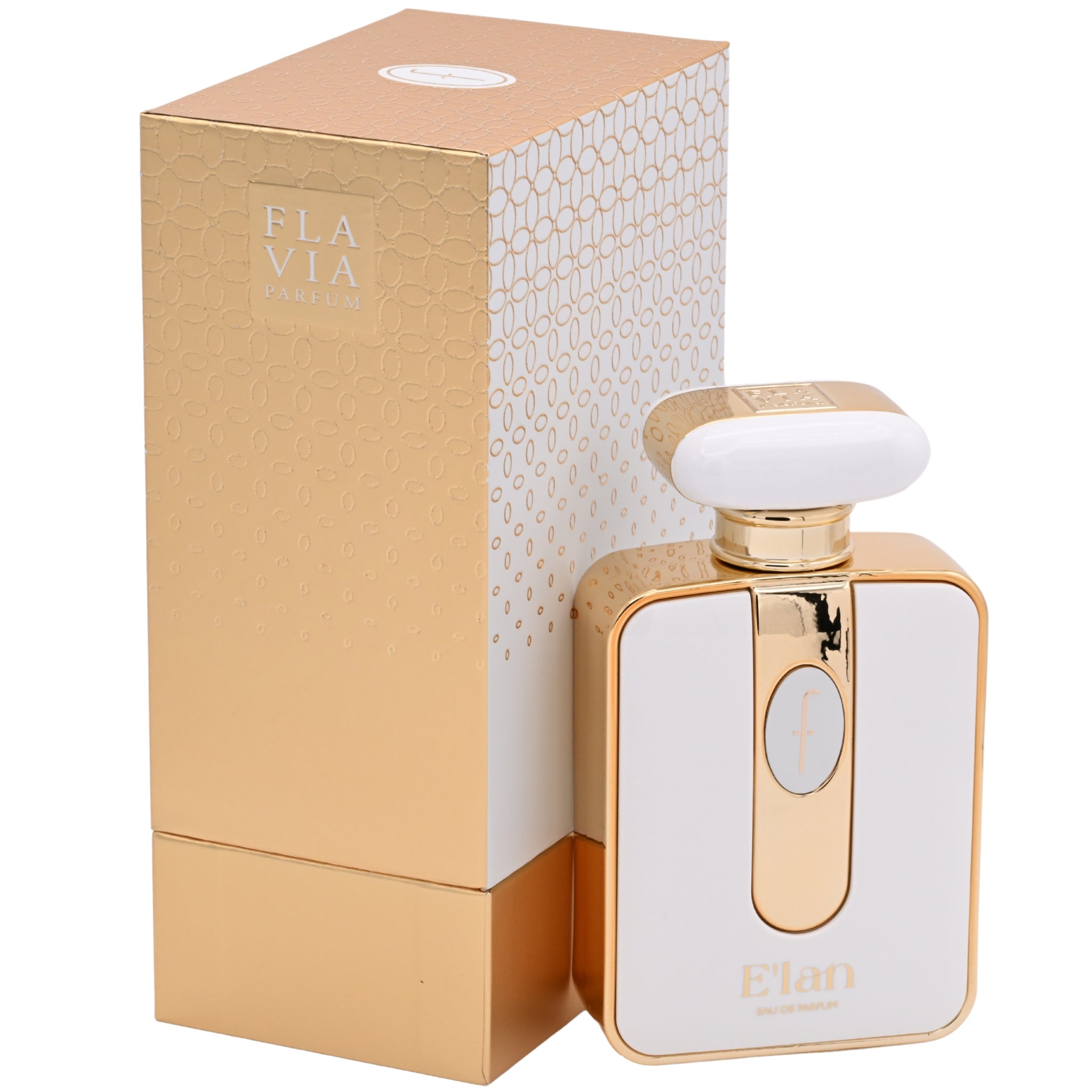 Perfume bottle and packaging with 'Elan' branding on a white background