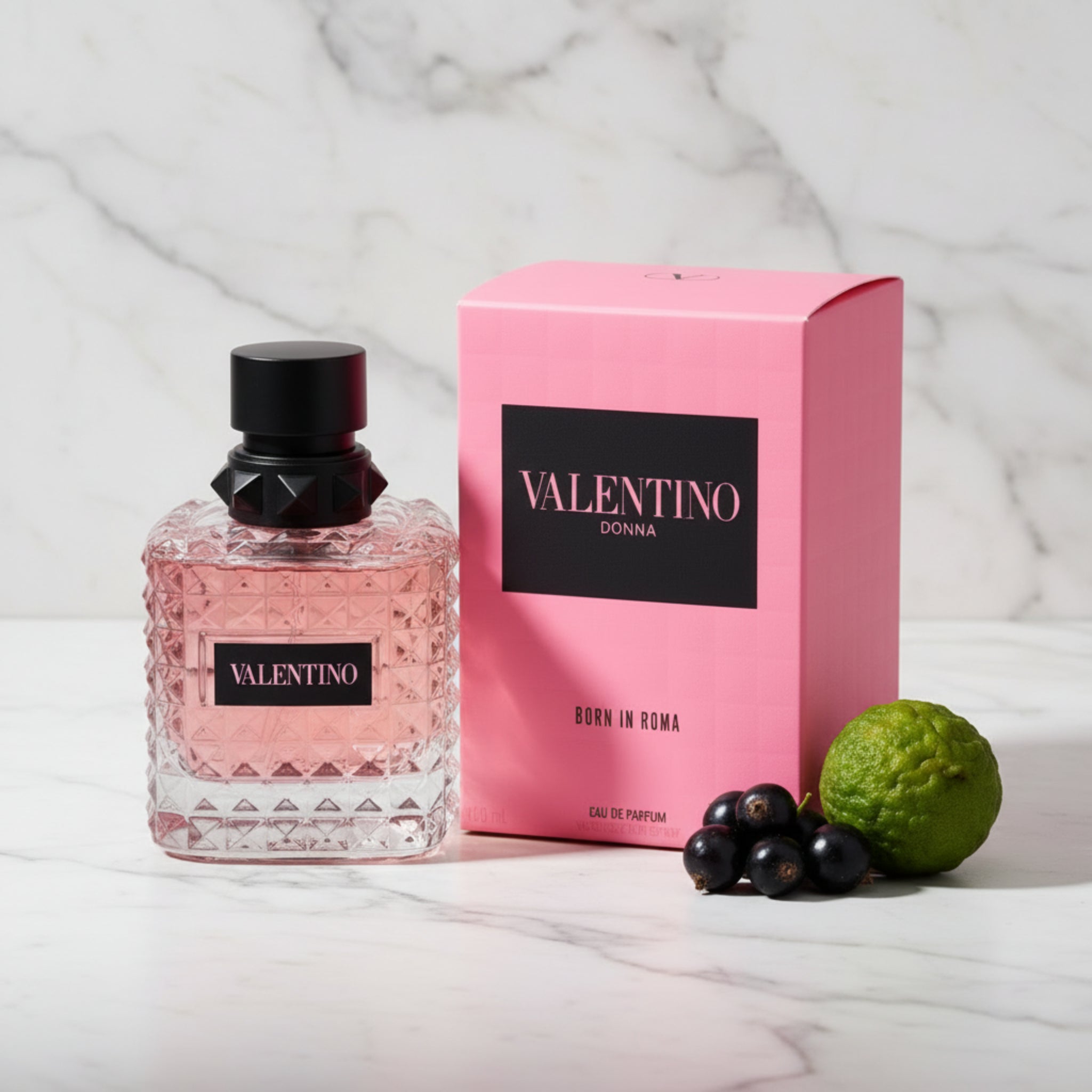 Valentino perfume bottle and packaging on a white background