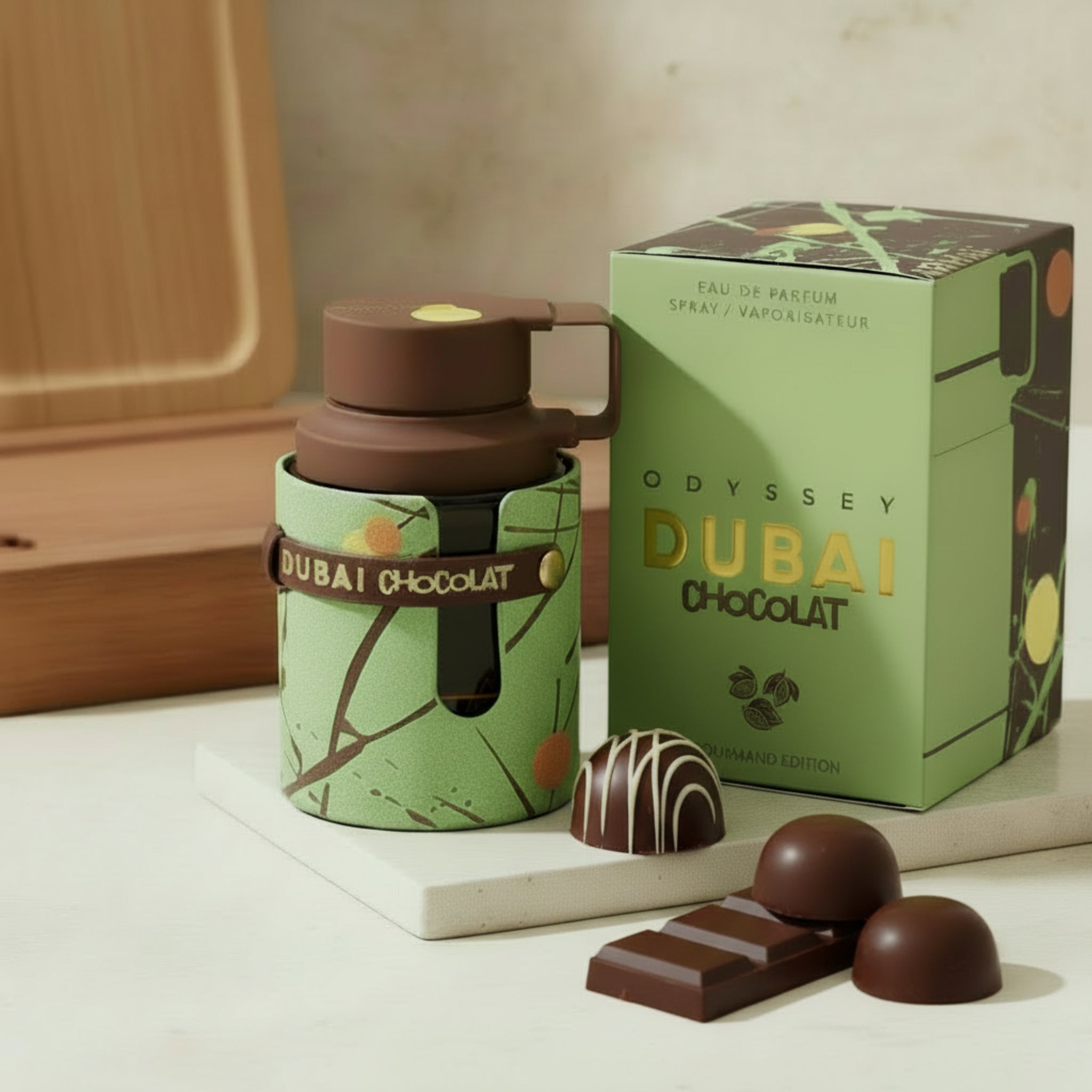 Green and brown container with Odyssey Dubai Chocolat branding next to its packaging on a white background