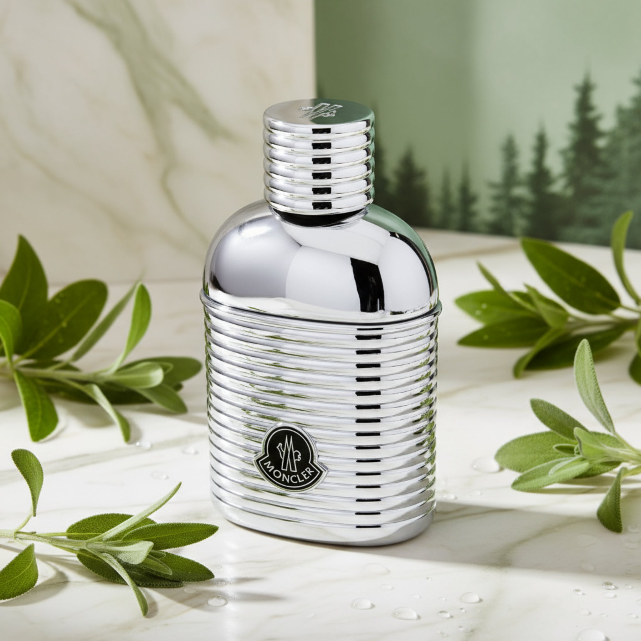 Chrome Moncler perfume bottle on a white background