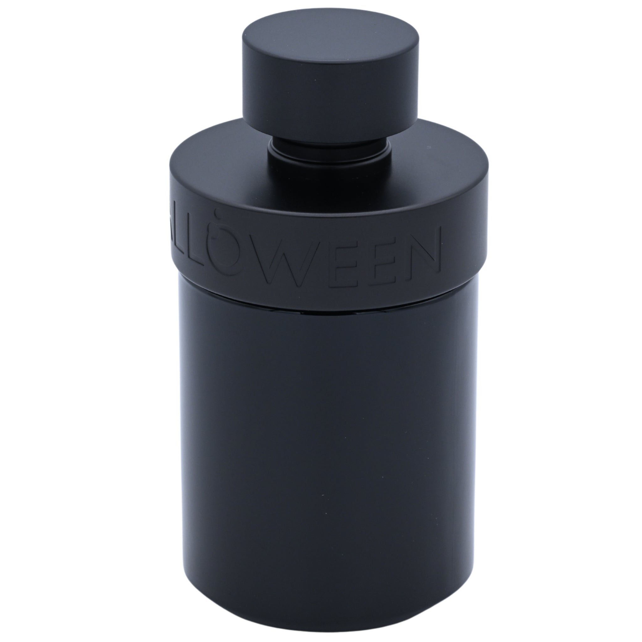 Black cylindrical container with a lid on a white background