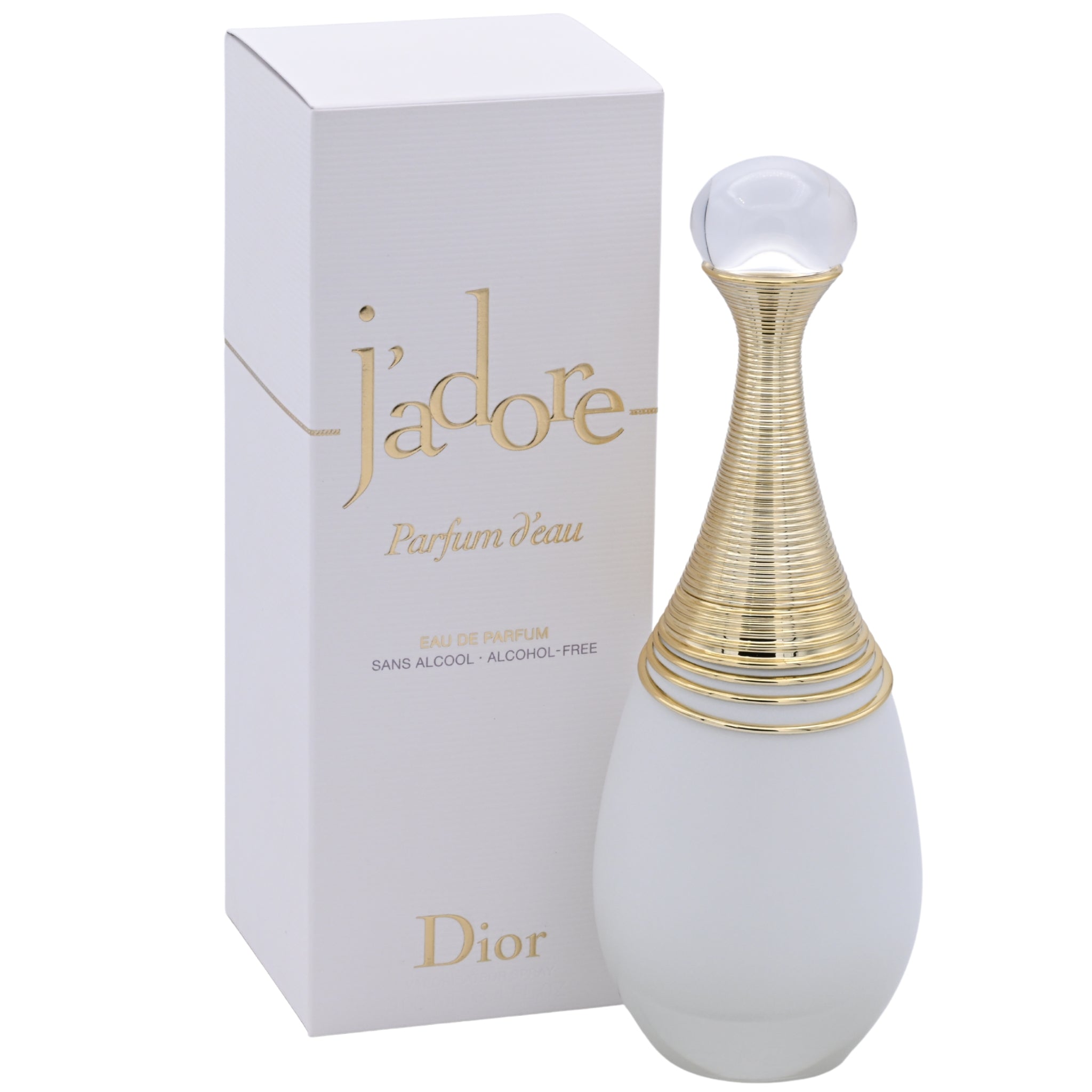 J'adore Parfum D'Eau perfume bottle and packaging on a white background
