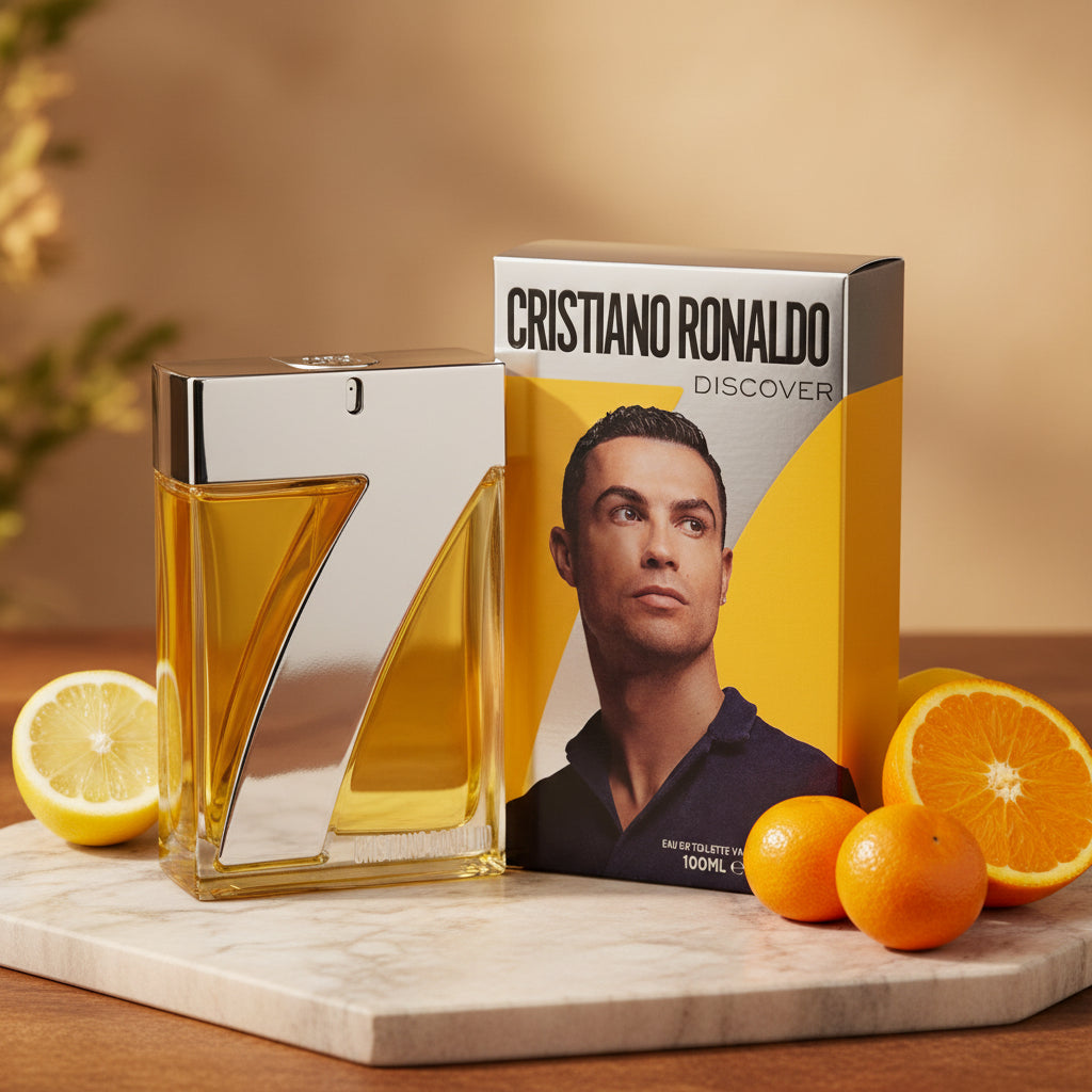 Cristiano Ronaldo perfume bottle and packaging on a white background