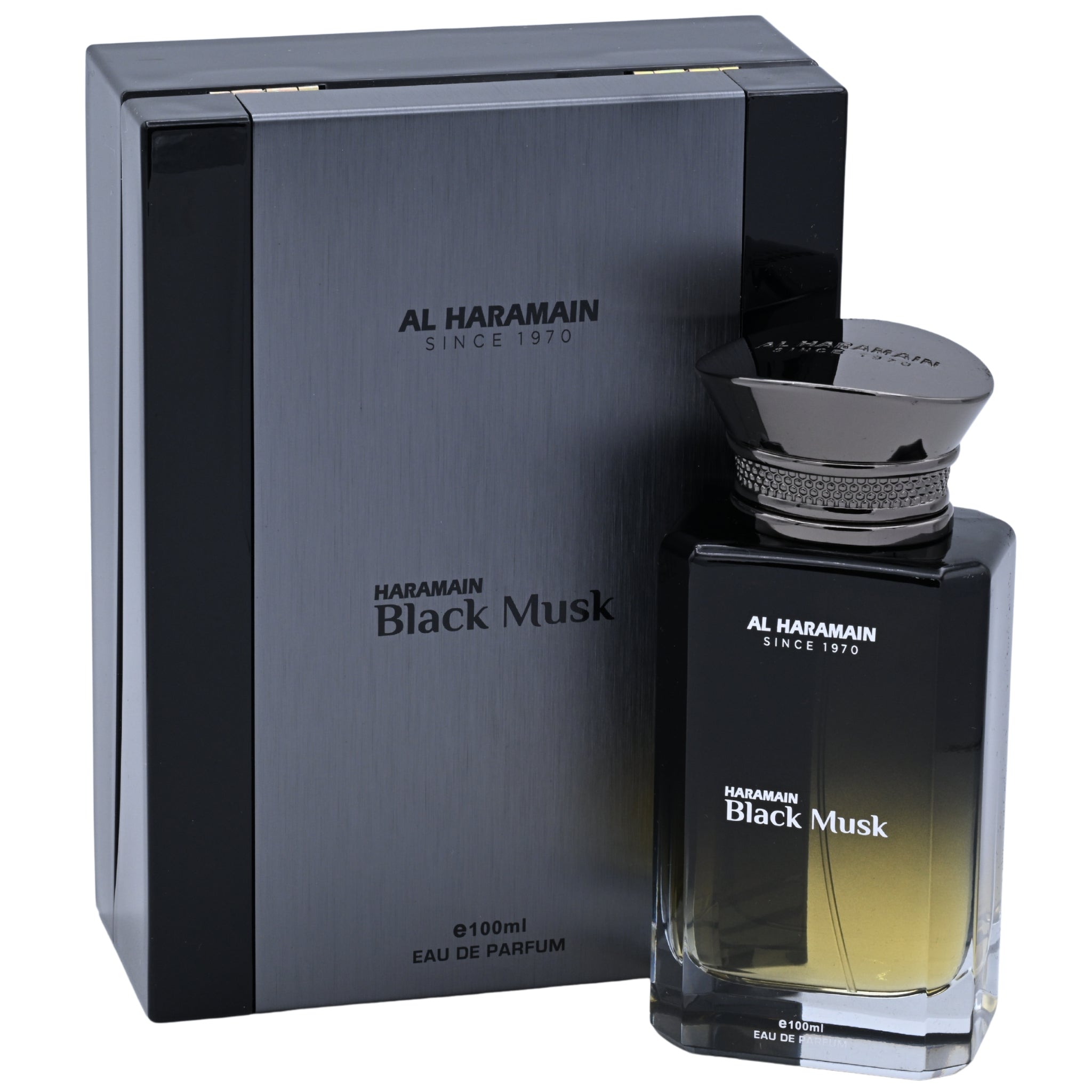 Al Haramain Black Musk perfume bottle and packaging on a white background