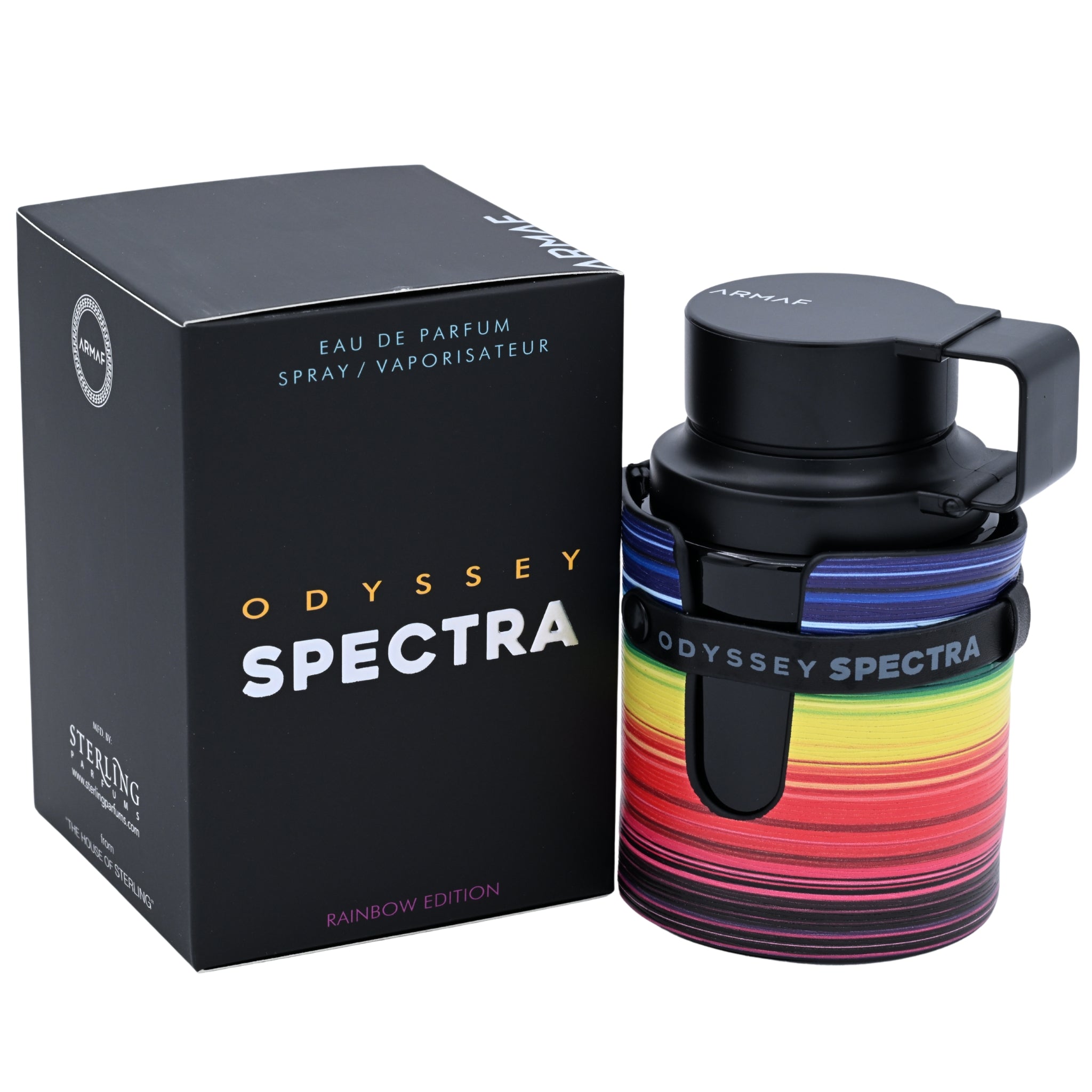 Odyssey Spectra perfume bottle with colorful design and black box on a white background