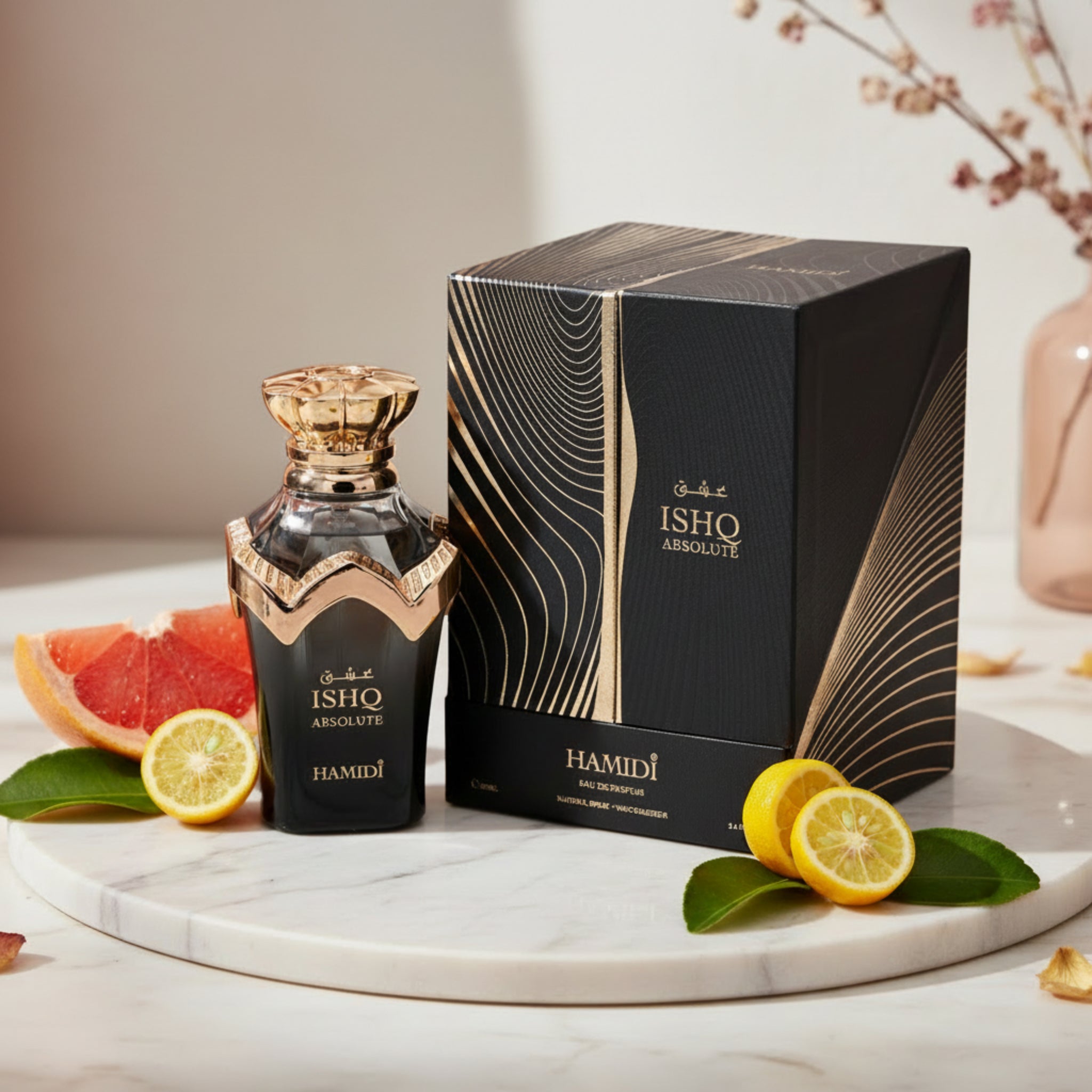 Hamidi Ishq Absolute perfume bottle and packaging on a white background