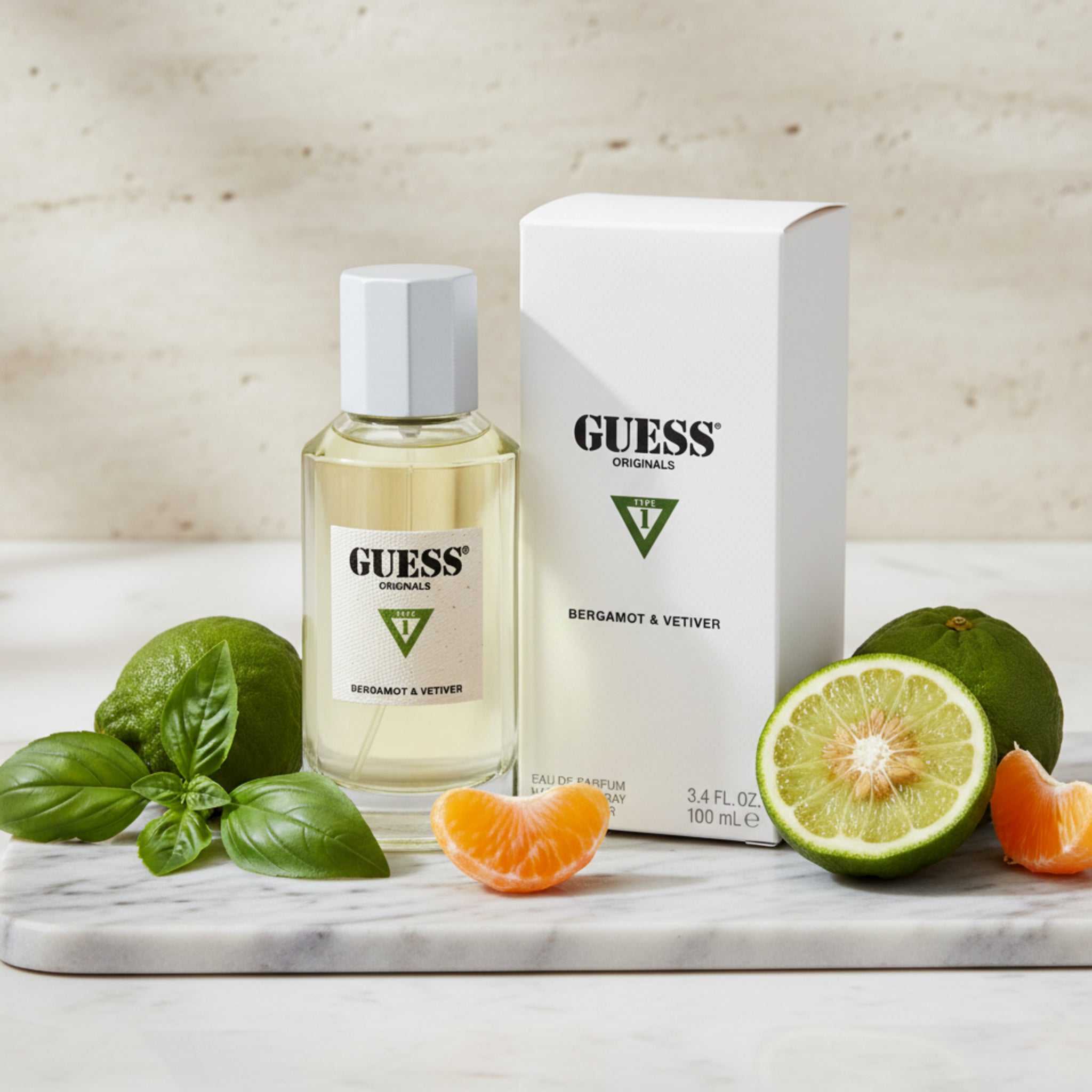 Guess perfume bottle and packaging on a white background