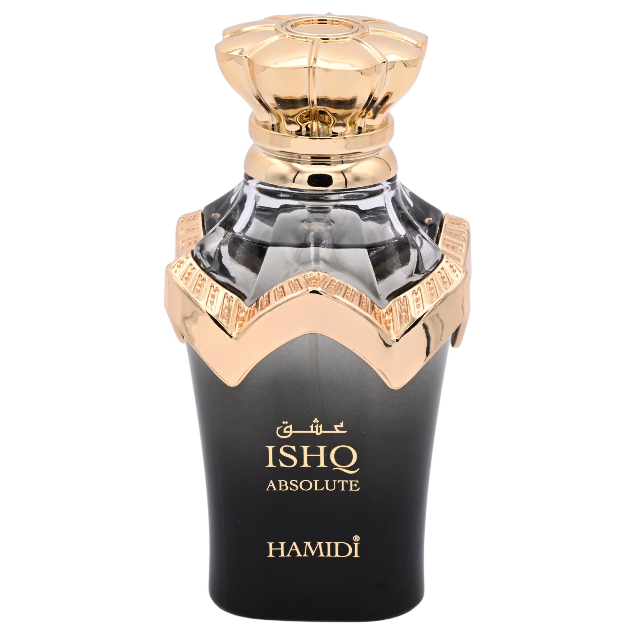 Hamidi Ishq Absolute perfume bottle with gold cap on a white background