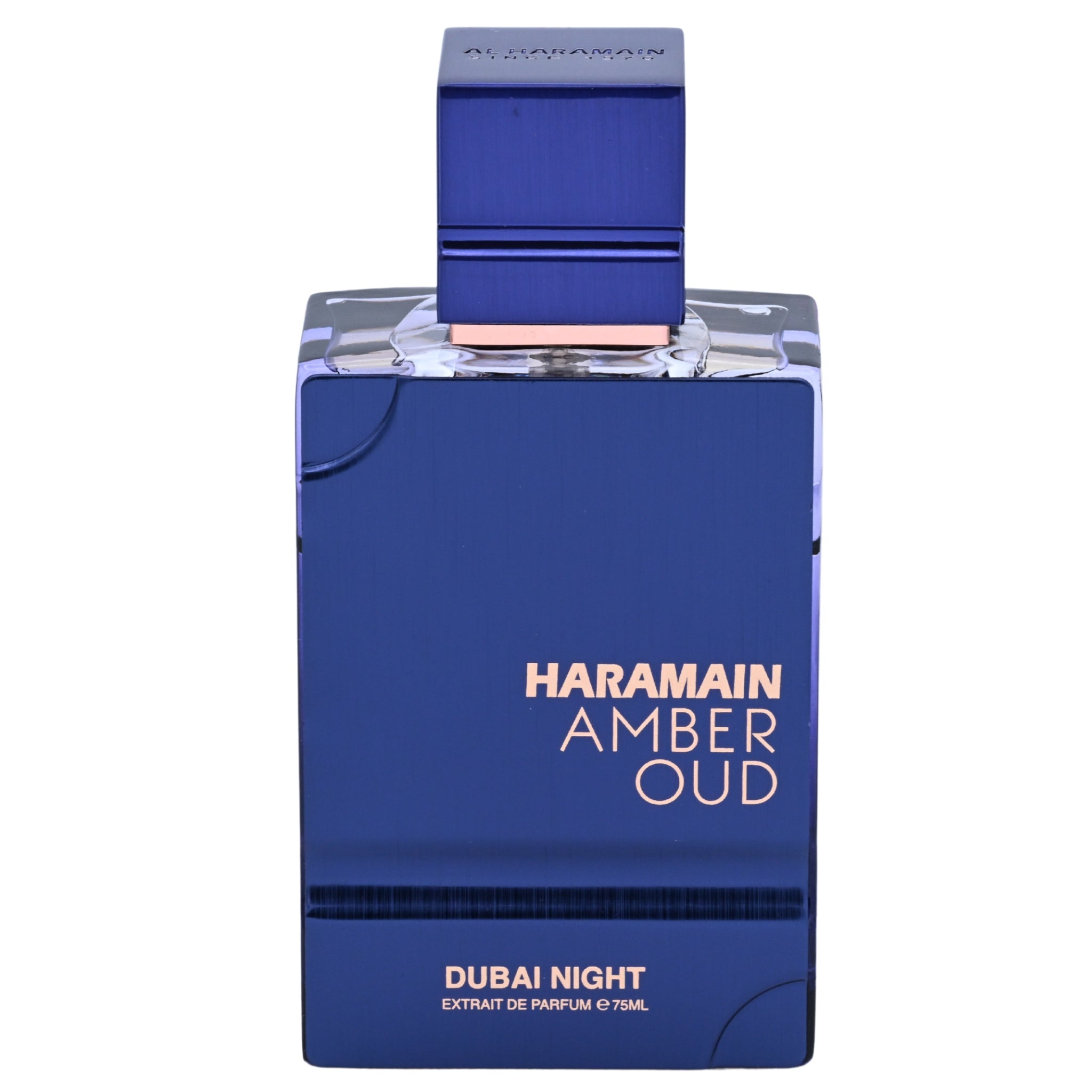 Blue perfume bottle labeled 'Haramain Amber Oud Dubai Night' on a white background