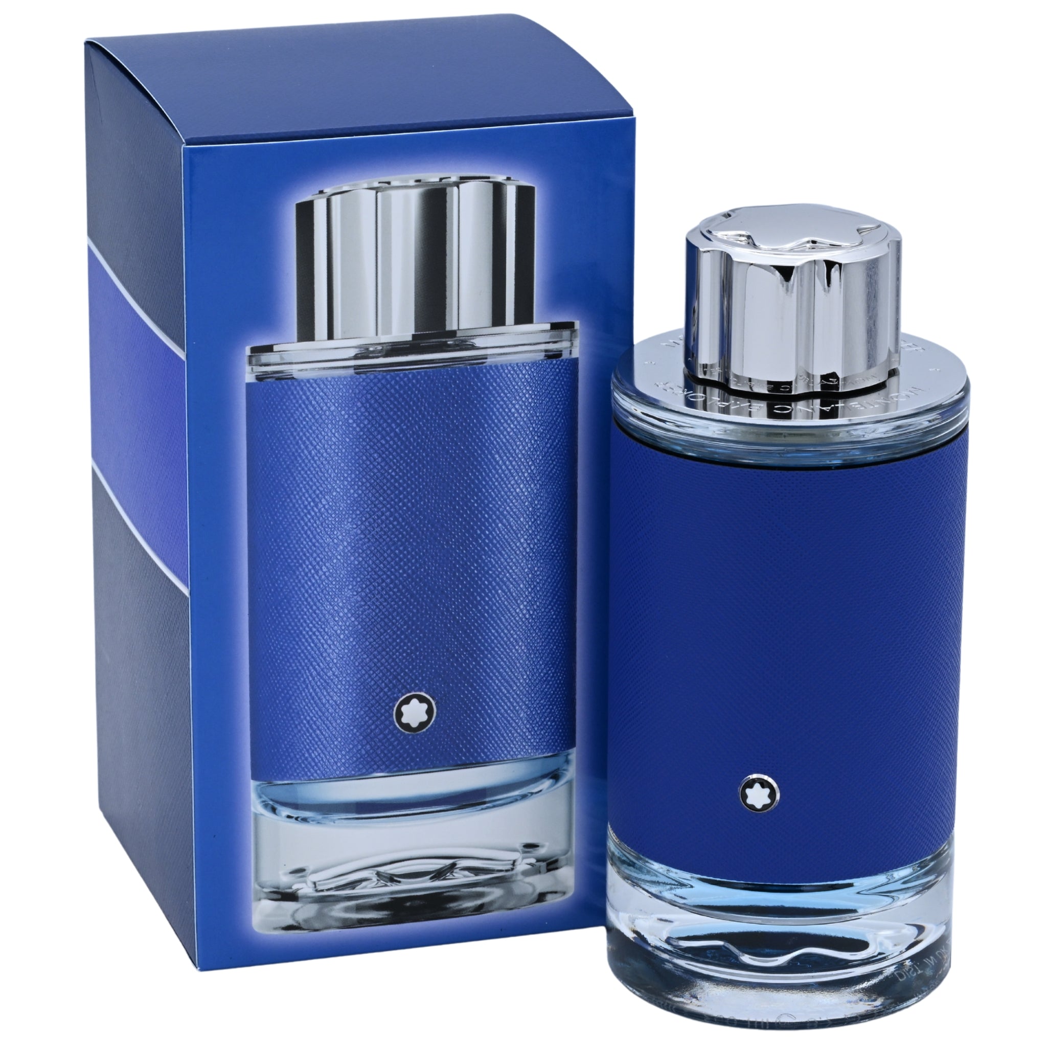 Blue perfume bottle with silver cap and packaging on a white background